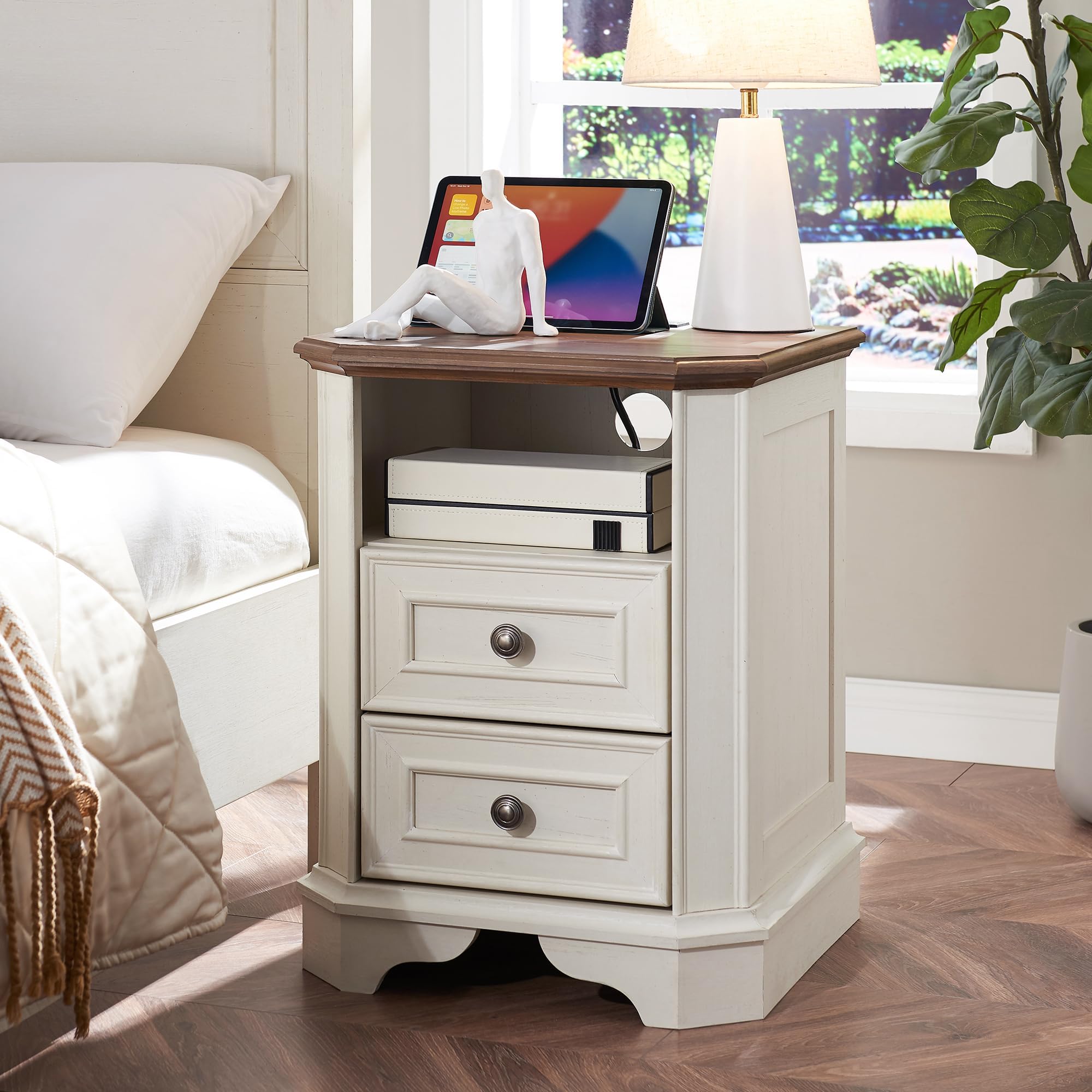 T4TREAM Farmhouse Nightstand with Charging Station, 18" End Table with 2 Drawers, Wood Side Table, Bedside Cabinet for Bedroom, Living Room (Antique White)