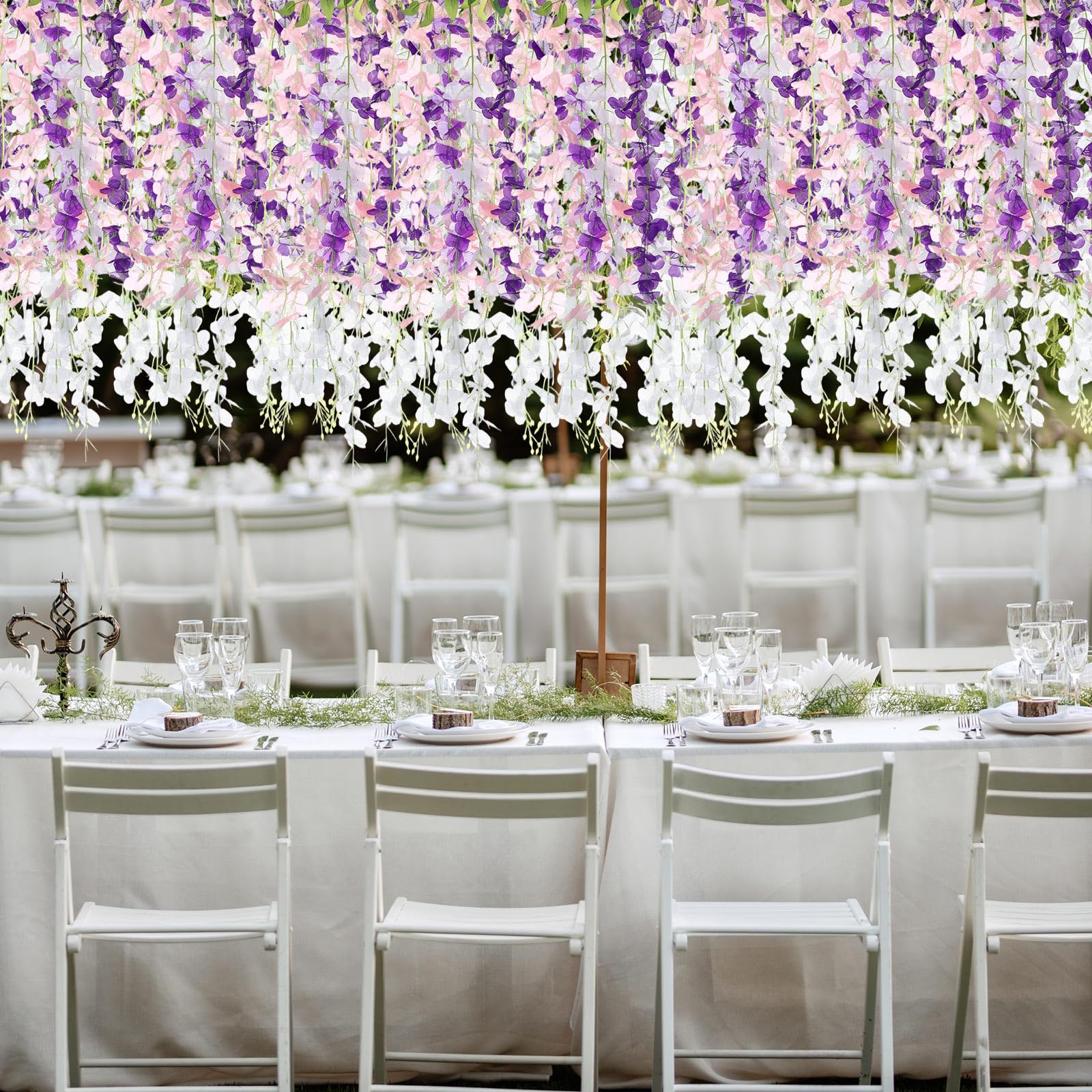 Thiccywoov Lot de 24 glycines artificielles à suspendre - 1 m - Guirlande de glycines artificielles pour toile de fond, décoration de mariage, fête à la maison (rose, blanc, violet)
