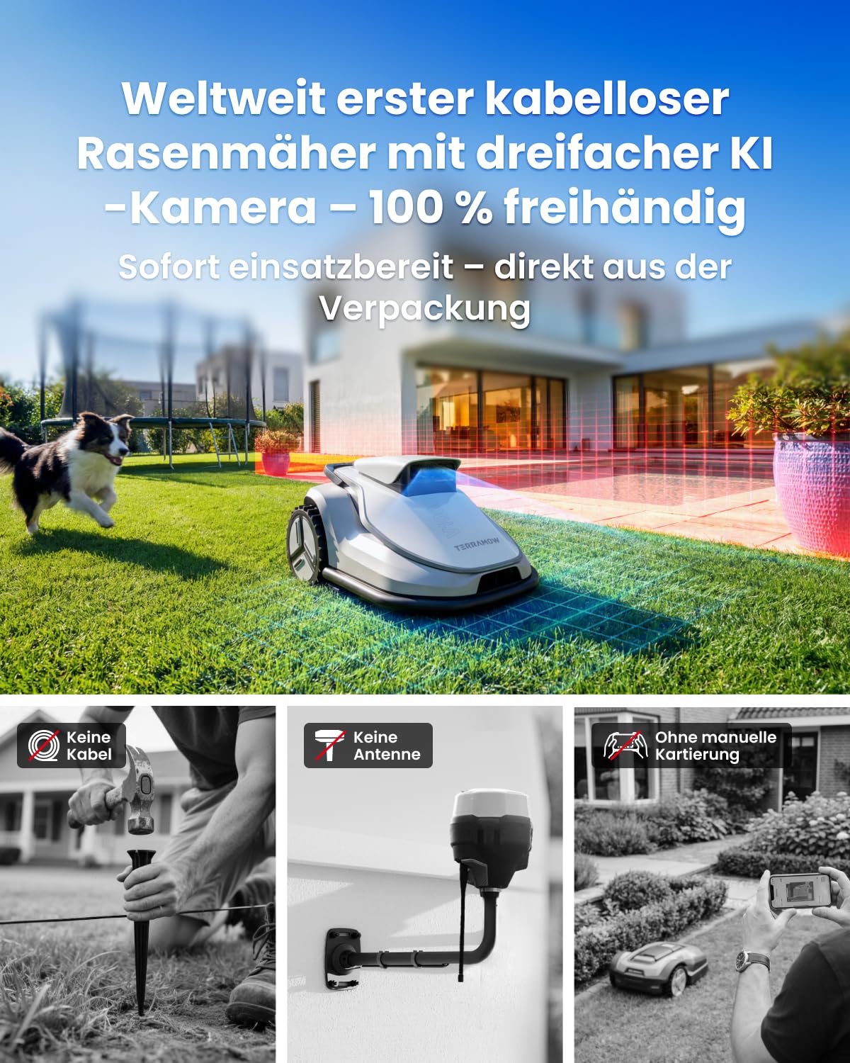 TerraMow V600 Mähroboter ohne Begrenzungskabel mit Garage, Rasenmäher Roboter bis 600 m², Tri-AI-Vision Navigation, Echtzeit-Hindernisvermeidung & Automatische Kartierung, Ideal für komplexe Gärten