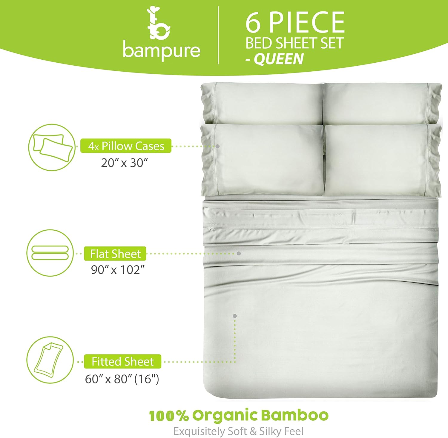 Chеареѕt 🛒 6 Piece Bamboo Sheets 100% Organic Bamboo Sheets Bamboo Bed Sheets Cooling Sheets Deep Pocket Bed Sheets Queen Size, Seaglass