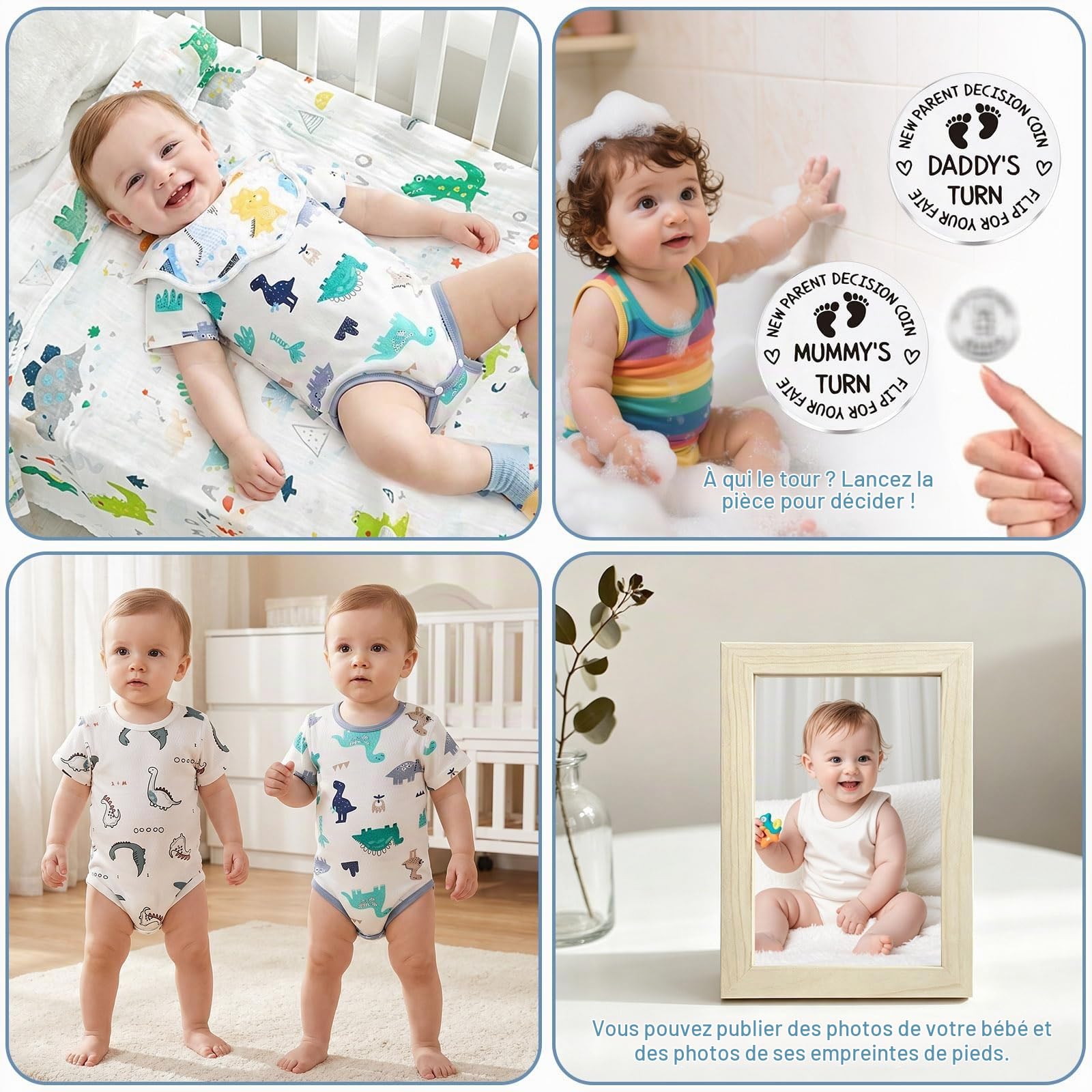 Coffret Cadeau Naissance pour Garçon et Fille avec 2 Bodies Bébé | 1 Bavoir Mousseline Coton Bébé Chaussettes Carte Étape Bois Tampon Encreur Noir Cadre Photo Pièce de Décision & Carte de Vœux