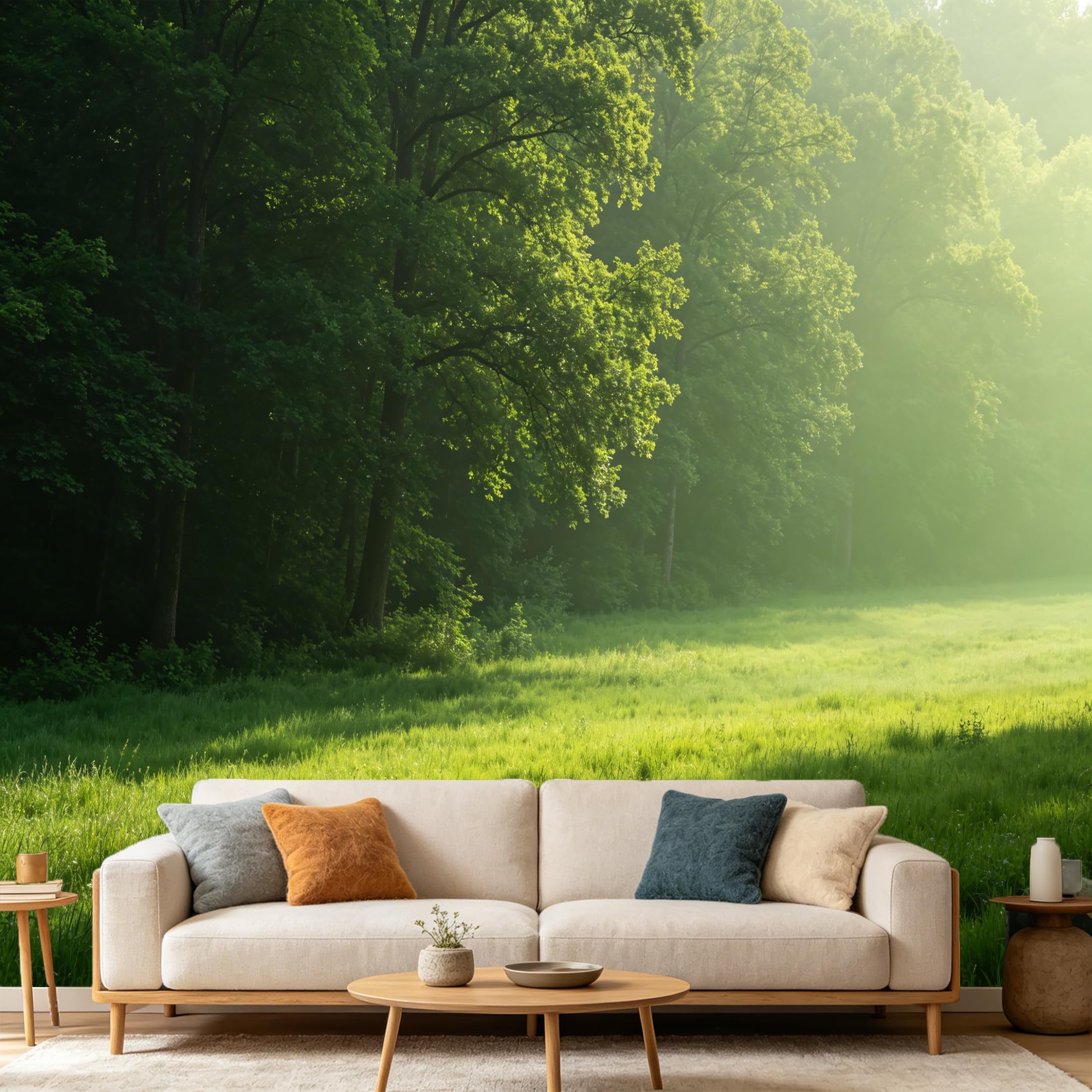 Custom Size Wall Mural Forest Landscape Sunlight Morning Meadow Nature Scenery SelfAdhesive Art Prints wall Fabric（No PVC） Removable Wallpaper Home Bedroom Decor