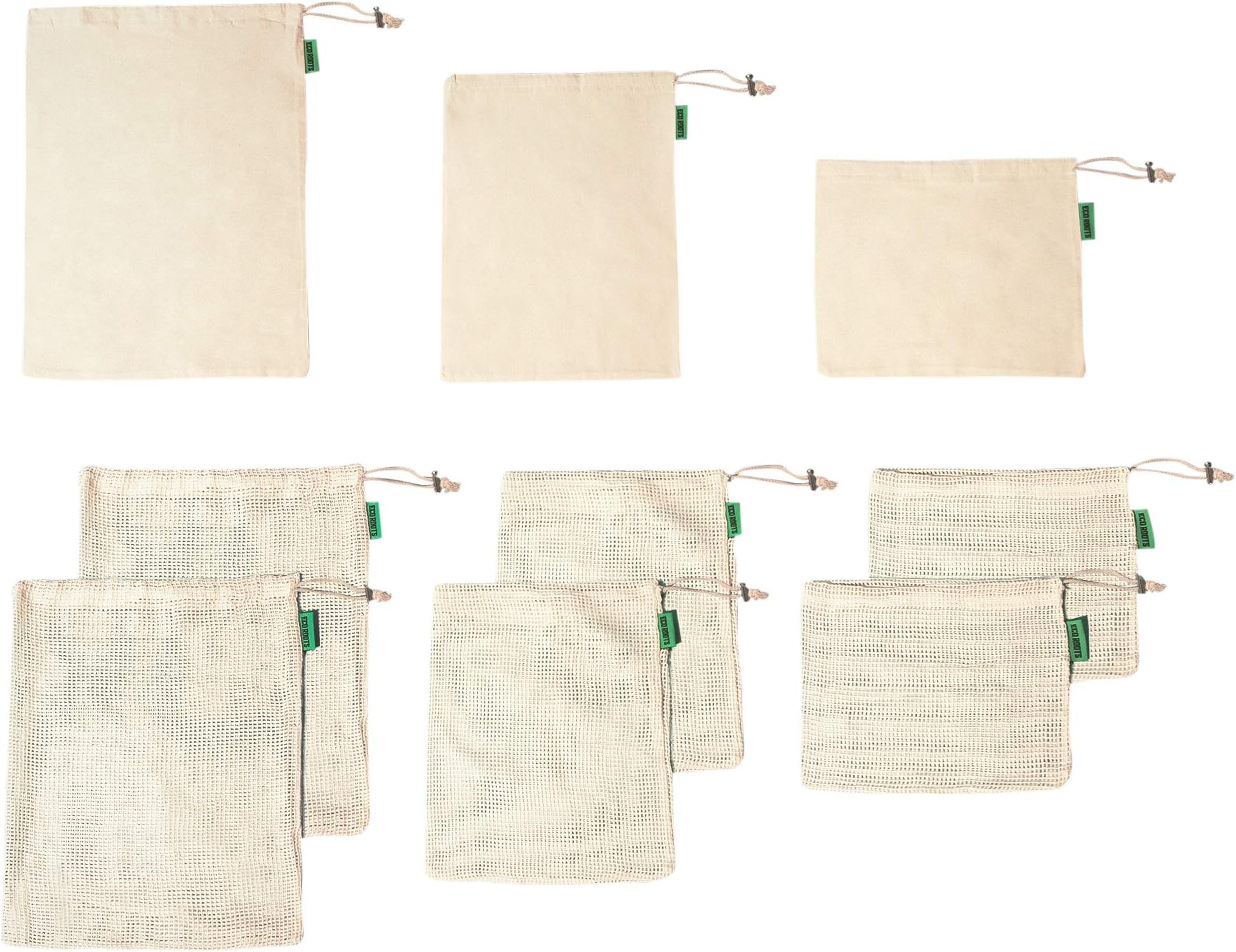 ECO ROOTS Premium Reusable Produce Bags | Zero Waste Green Bags | Organic Cotton is Washable& Durable | Mesh and Bulk Bags with tare weight | Set of 9 | Large Medium Small