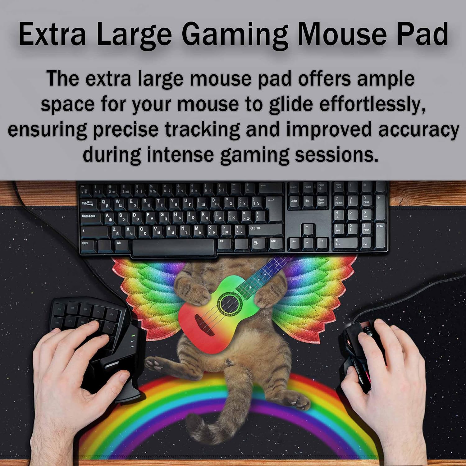 A Beige Cat with Rainbow Wings and Guitar Large Gaming Mouse Pad Funny Colorful Heart Glasses Long Mousepad Non-Slip Rubber Base Keyboard Mat for Desk,Office,Home 35.4"X15.7" image 4