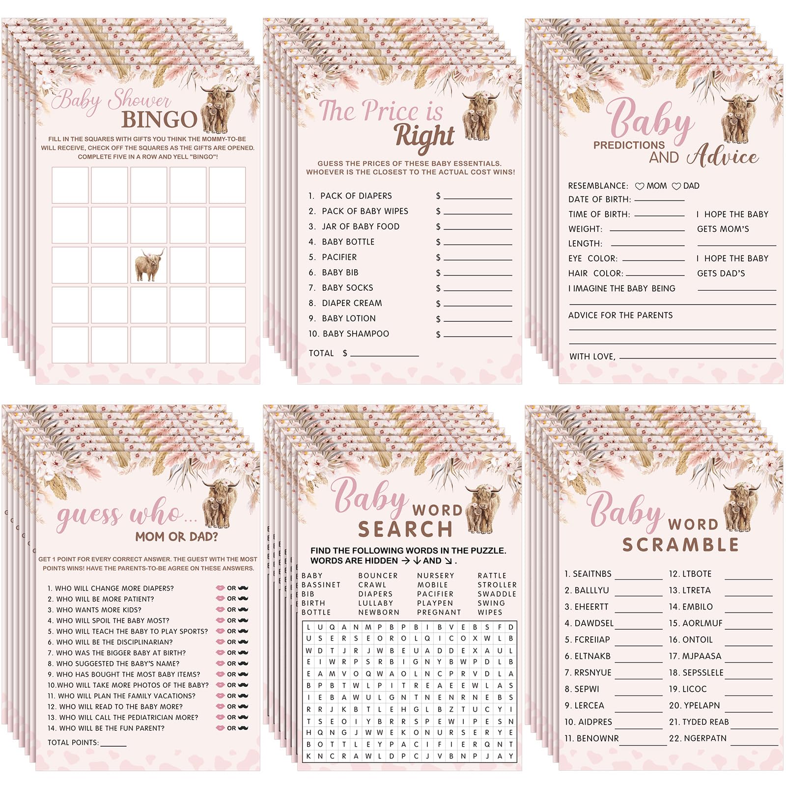 Jetec 302 Pcs Baby Shower Games, 6 Games,50 Sheets Each, Pink Highland Cow