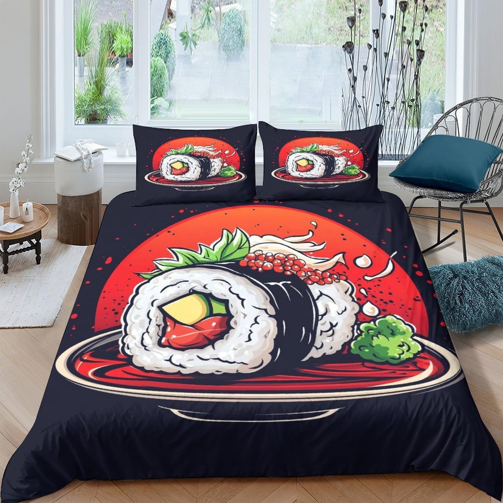 Ctjqhvkz Style-7 3D Printed Sushi Roll Fitted Sheet Microfiber Black Red Japanese Food Bed Cover For Bedroom Dorm Decor Single（135X200cm）
