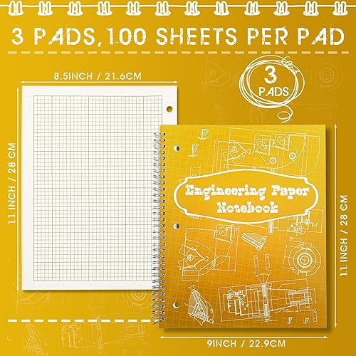 Miniatura 2 de Colarr 3 blocs de 9 x 11 pulgadas, cuaderno de espiral de ingeniería encuadernado con alambre de 8.5 x 11 pulgadas, bloc de computación de