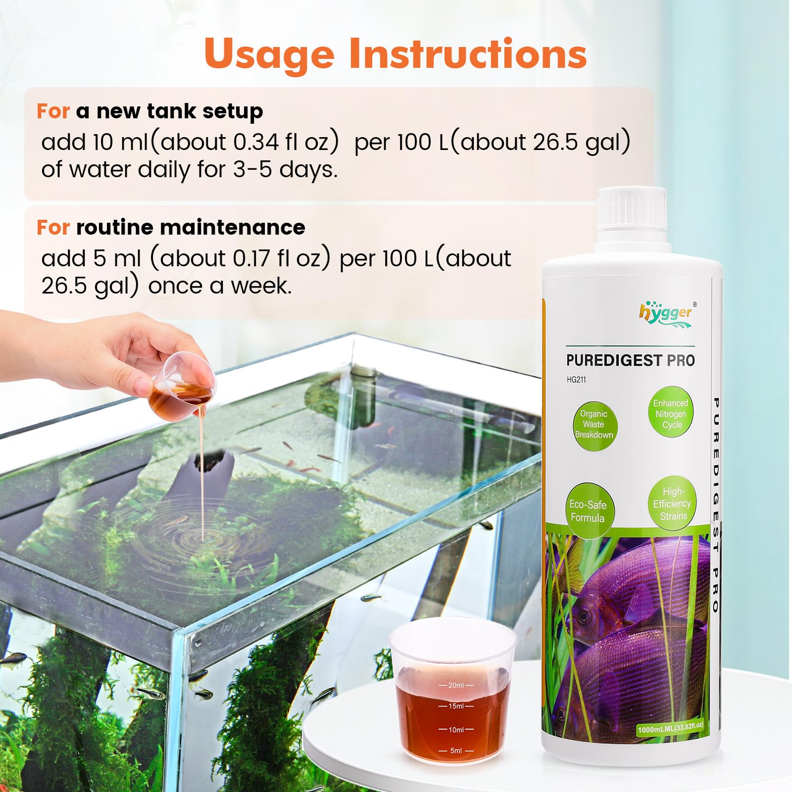 hygger Bio-clarificador de agua de acuario, reduce el desperdicio de peces y limpieza de lodos orgánicos, solución natural de gestión de residuos para acuarios de agua dulce y salada, 1000 ml