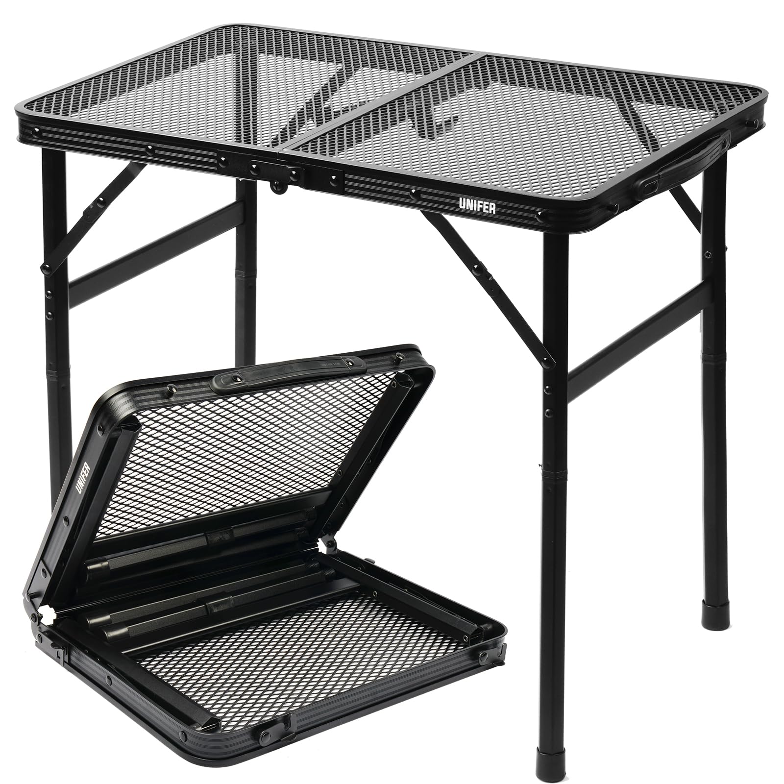 UNIFER Camping Table,2 Ft Portable Camping Table, Lightweight Portable Grill Table,Height Adjustable Metal Table with Carrying Handle,Small Table for Camping, Picnic, Beach and BBQ