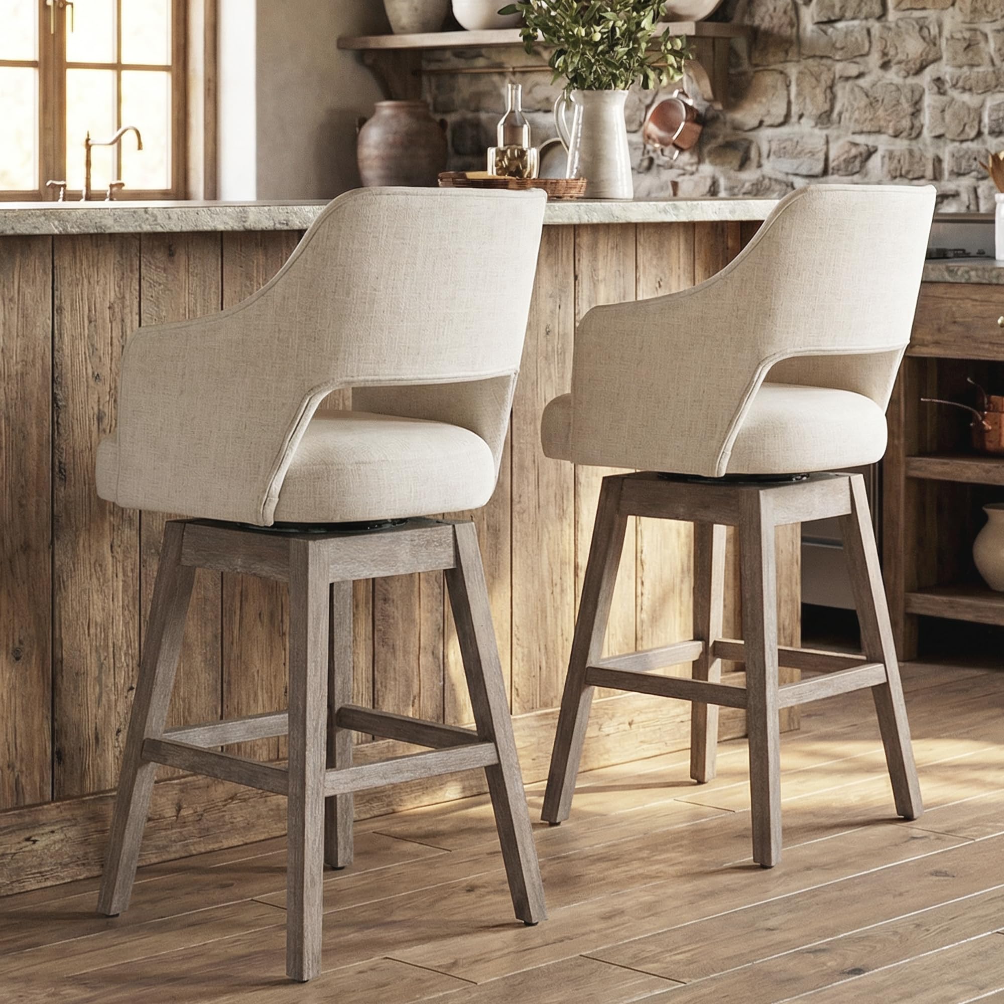 27 inch Counter Height Bar Stools Set of 2 for Kitchen Island, Linen Fabric 360°Swivel Barstools with Back and Wood Legs Upholstered Stool Chairs for Home/Breakfast Bar, Beige