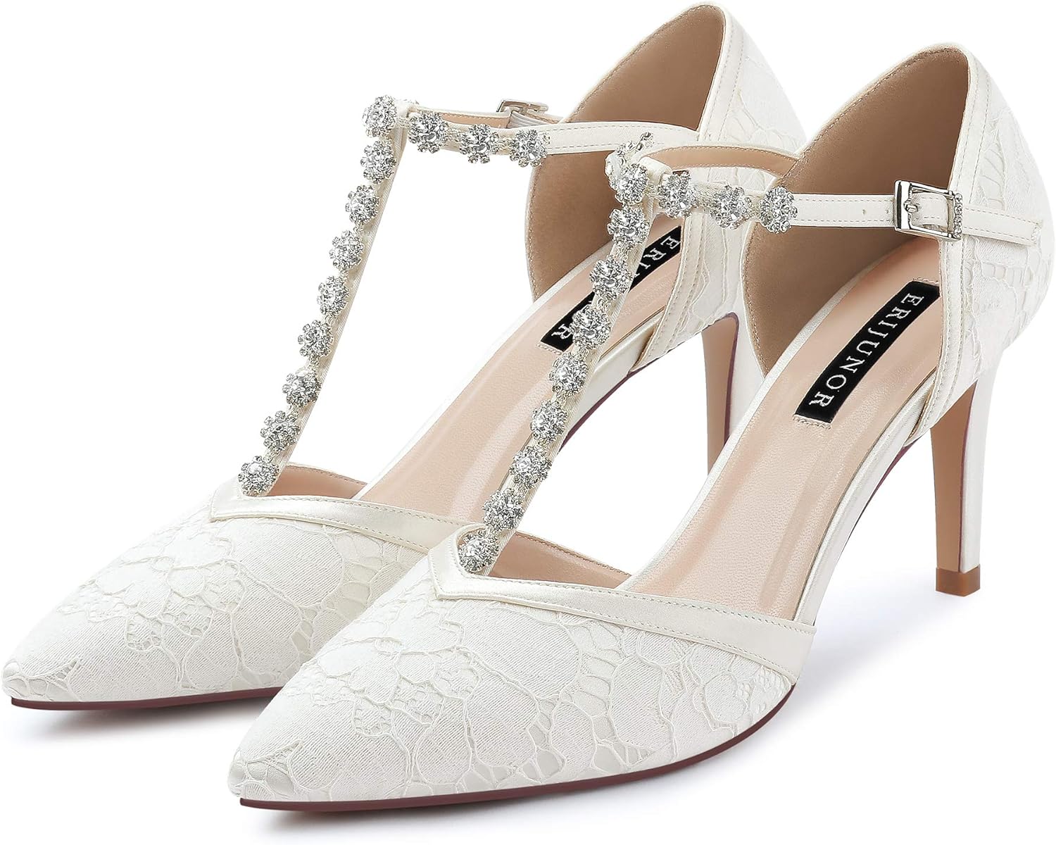 ERIJUNOR Women Lace Bridal Shoes Mid Heel with Rhinestones T-Strap Pointy Toe Satin Wedding Shoes - Image 6