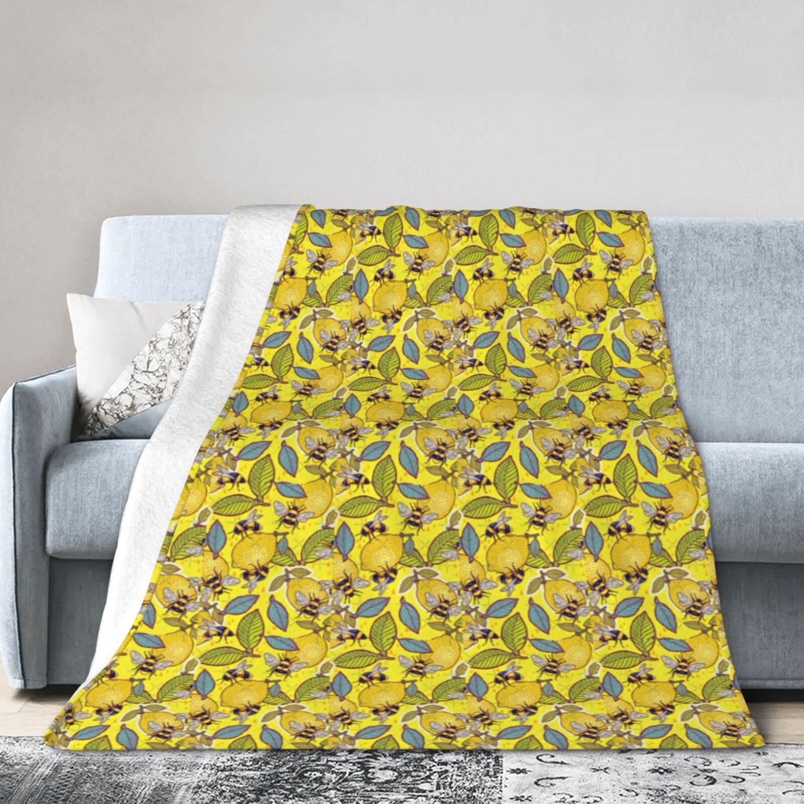 Couverture flanelle imprimé citron abeille WURTON jaune 152x127 cm pour canapé