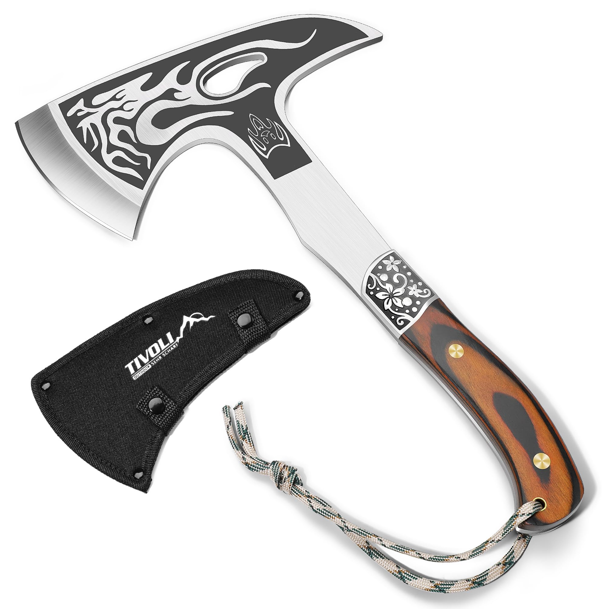 TIVOLI Spaltaxt mit Flammenmuster, Hochwertiger Kohlenstoffstahl, Full-Tang Freizeitbeil Handbeil, Campingaxt für Jagd, Trekking, Garten