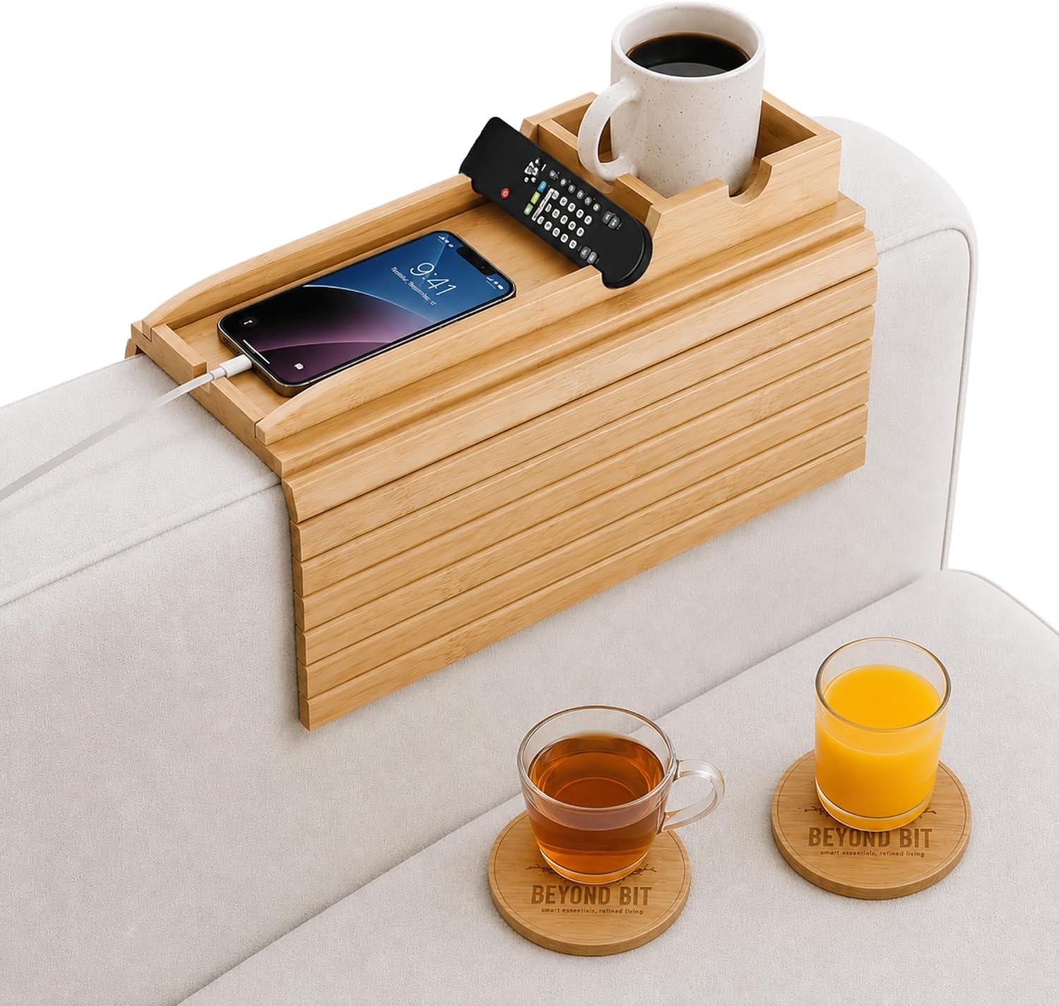 Beyond Bits Wooden Sofa Arm Tray for Couch, Cup Holder & Armrest Organizer – Non-Slip Couch Arm Tray, Couch Cup Holder for Drinks, Snacks & Remotes – Flexible Tray for Drink, Armrest for Living Room