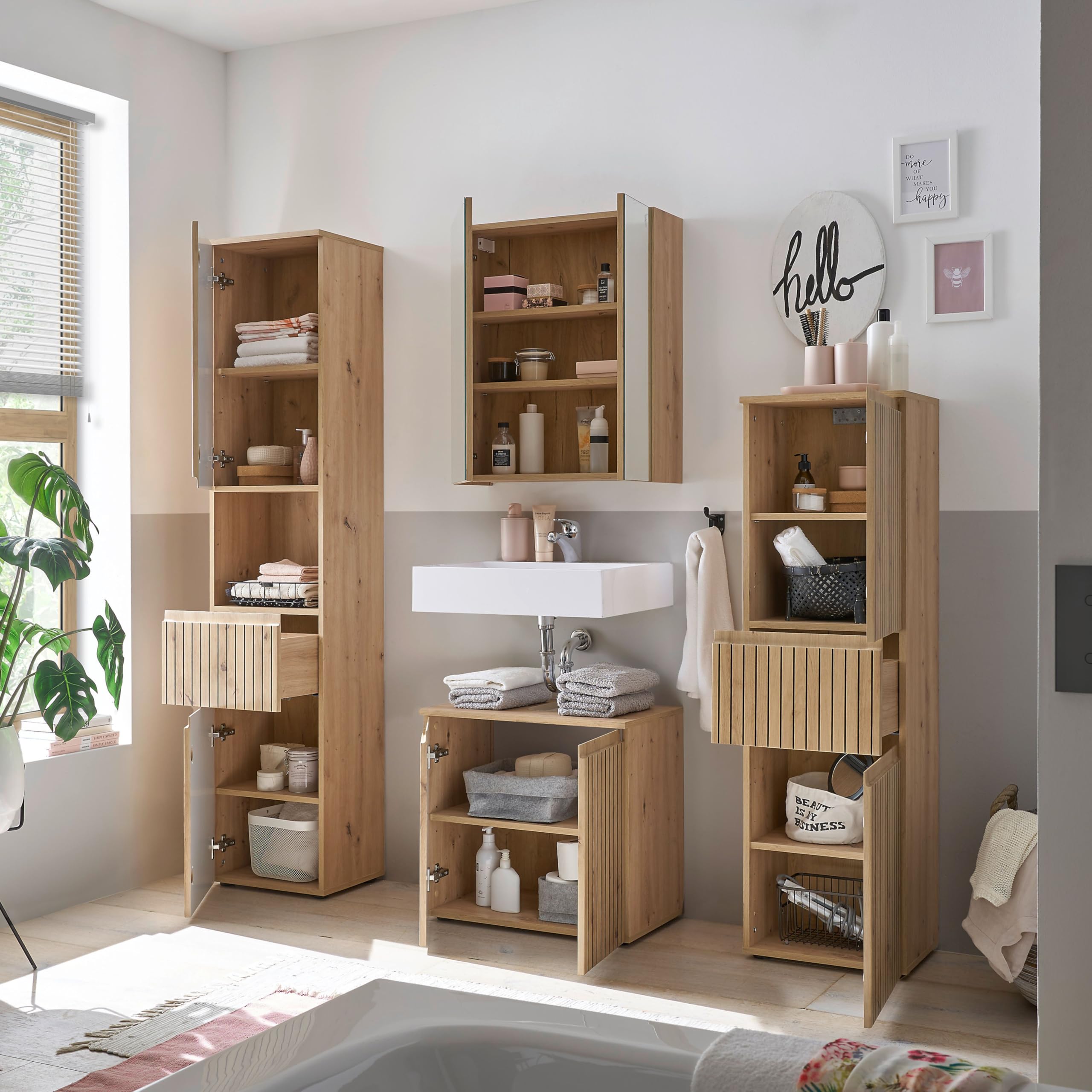 Stella Trading Austin Armoire Salle De Bain Miroir Chêne FSC - Grand Rangement Mural