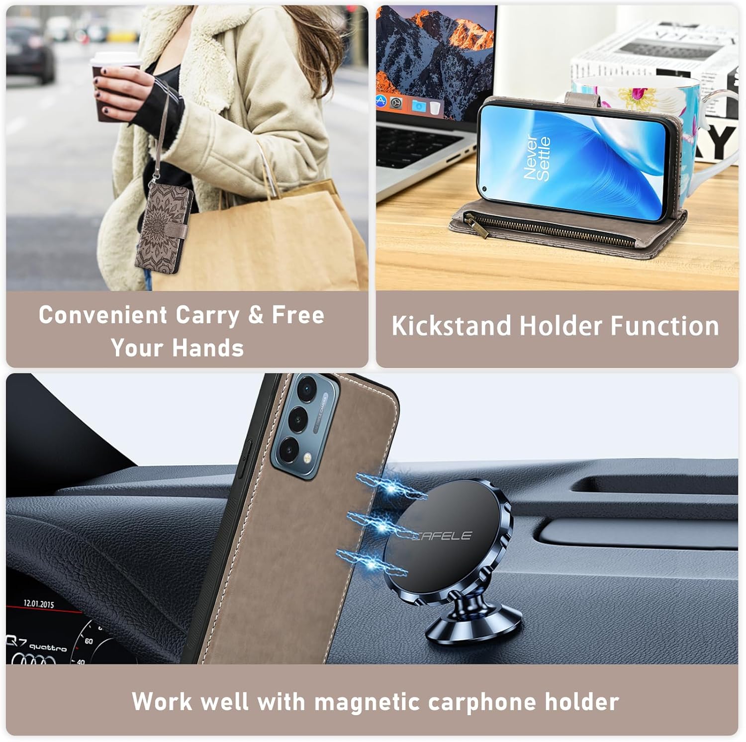 Asuwish Phone Case for OnePlus Nord N200 5G Zipper Wallet Magnetic Detachable Cell Cover with Screen Protector Strap Flip Card Holder Slot One Plus N 200 G5 1 Plus 200N 1plus One+ 1+ N2005G 2021 Gray