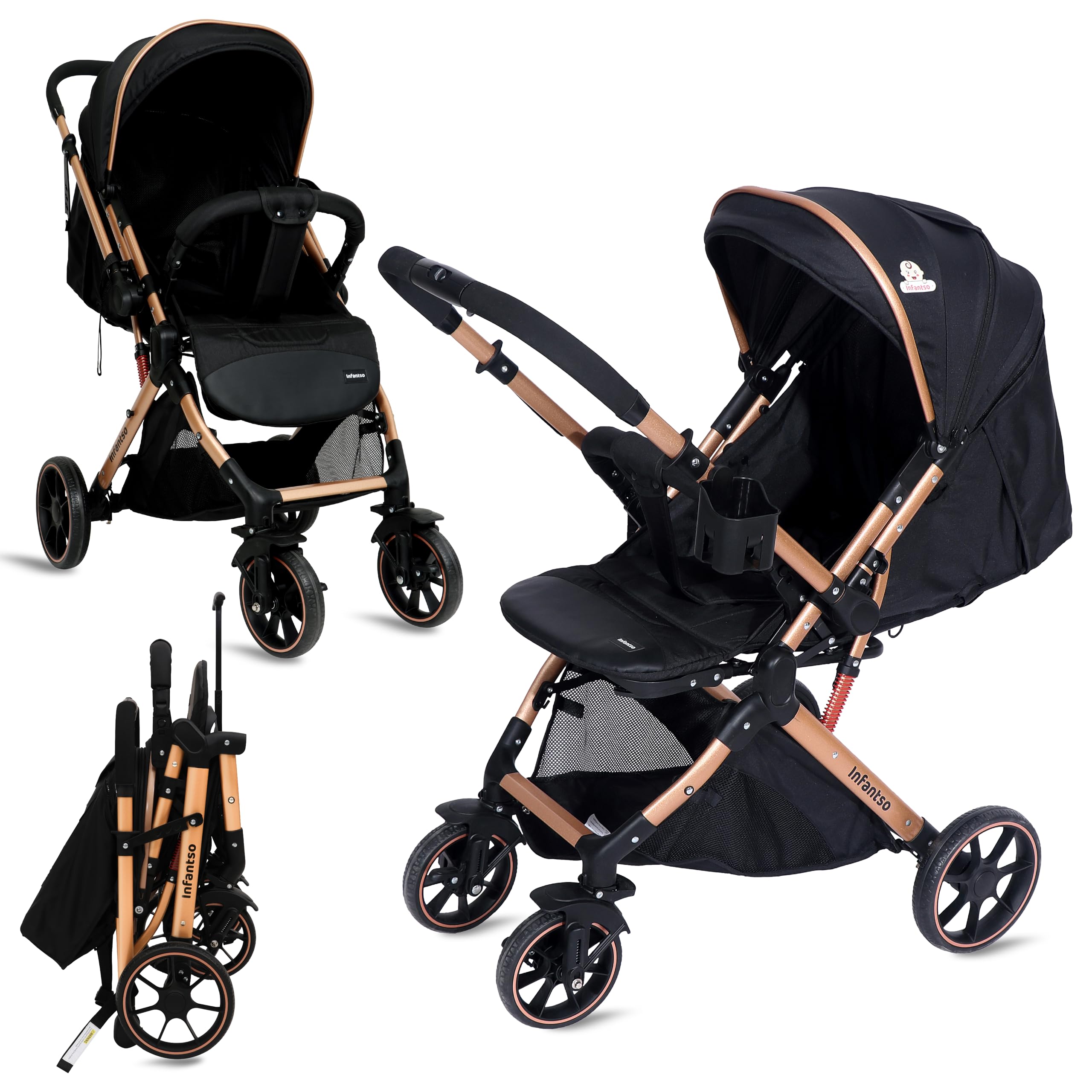 Infantso GlideX Premium Baby Stroller / Pram, Reversible Handle, One-Hand Fold and 360° Rotating Wheels,, Travel Friendly, 5 Points Safety Harness, Extendable Canopy, Multilevel Recline, Adjustable Footrest, Easy Fold, Shock Absorption Wheels, for babies 0 to 3 years ( Black Golden )