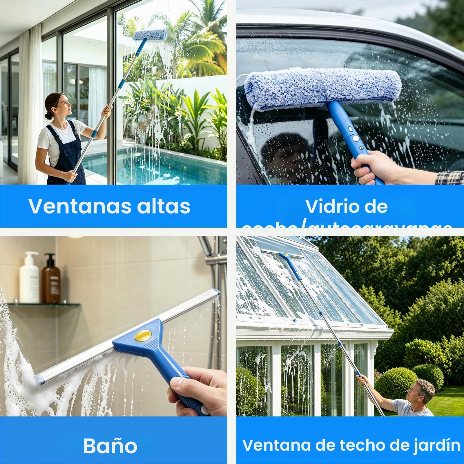 Equipo Profesional de Limpia de Ventanas con Cubo de 16L, Limpieza con Mango 2M, rasqueta de Silicona, Botella pulverizadora, Estropajo de Microfibra, paño, Kit de Lavado para Ventanas Altas Ducha