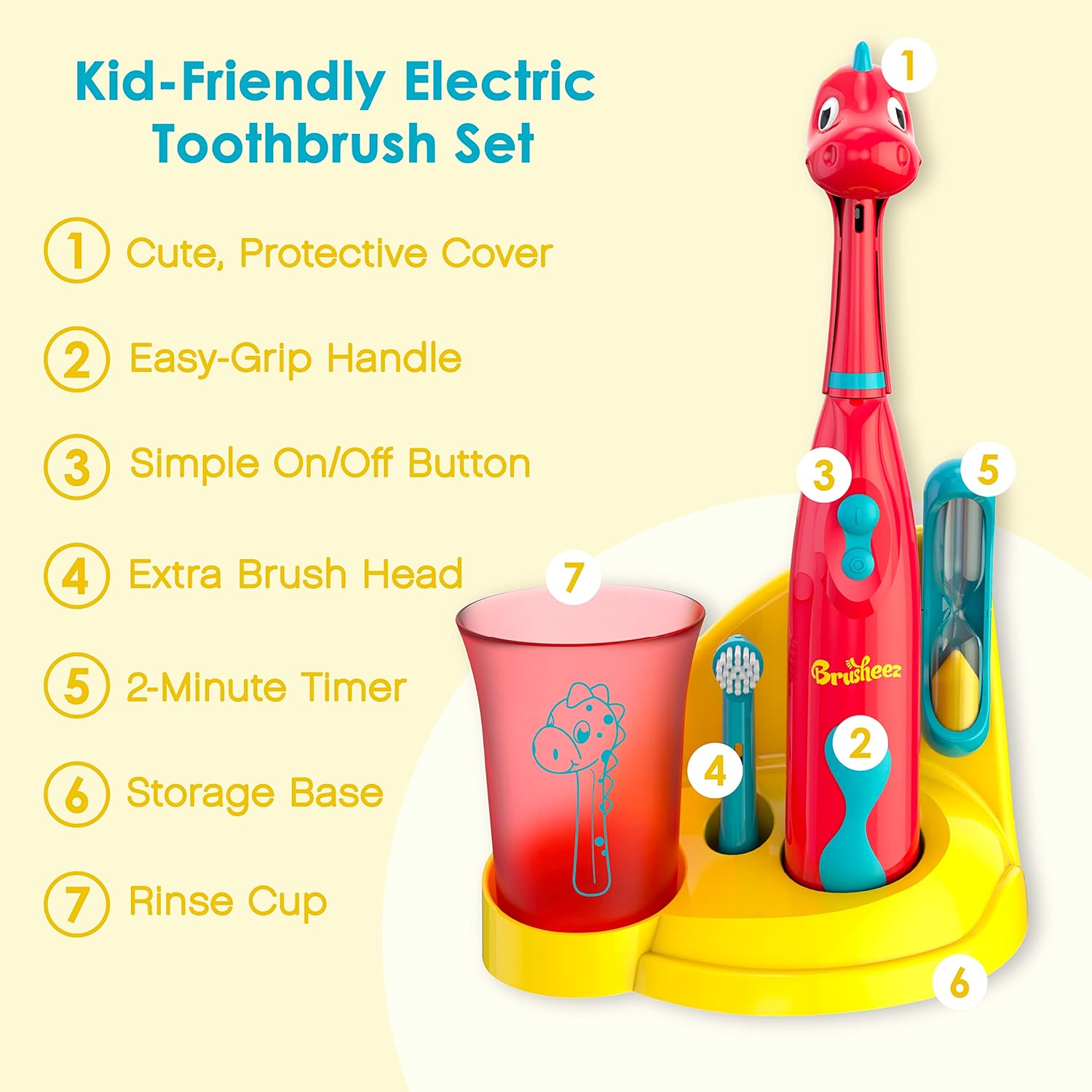 Brusheez Kid's Electric Toothbrush Set & Replacement Heads 2 Pack - Pepper The Dino