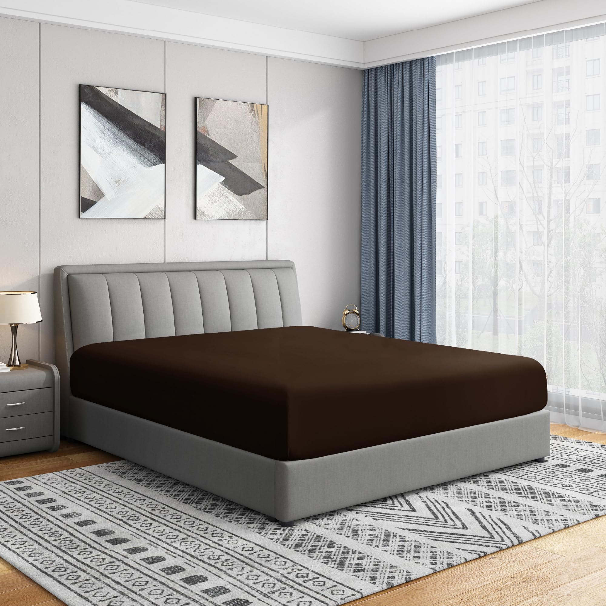Cathay Luxury Silky Soft Polyester Single Fitted Sheet, King Size, Chocolate
