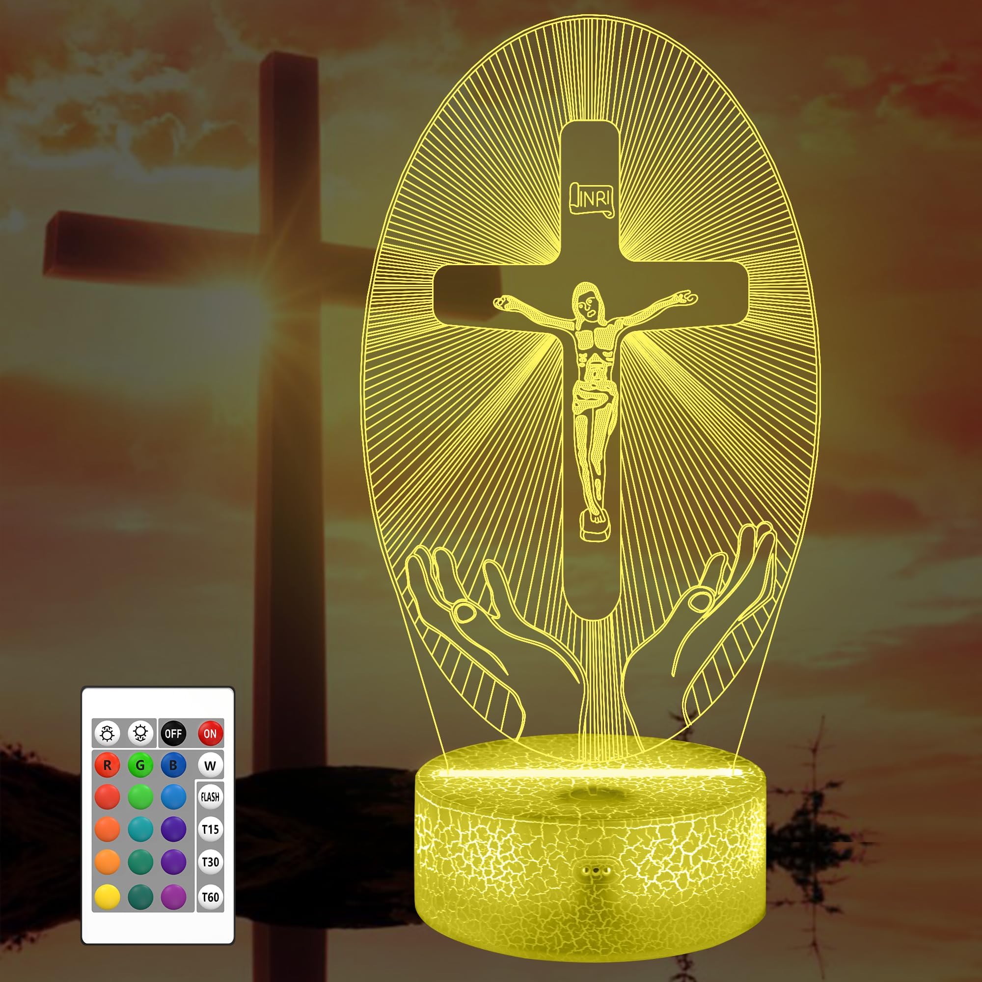 Jesus Cross 3D Night Light, Attivolife Christian Illusion Optical Hologram Lamp with 16 Color Changing + Remote Control + Timer, Home Decor Mother's Day Birthday Religious Church Gift for Women Friend
