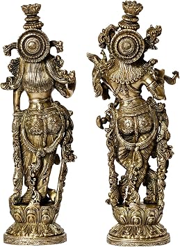 ARTVARKO Radha Krishna Brass Murti of Murli Kishan Playing Flute Radha Idol Standing on Lotus for Home Mandir Decor Marriage Height 14 Inch