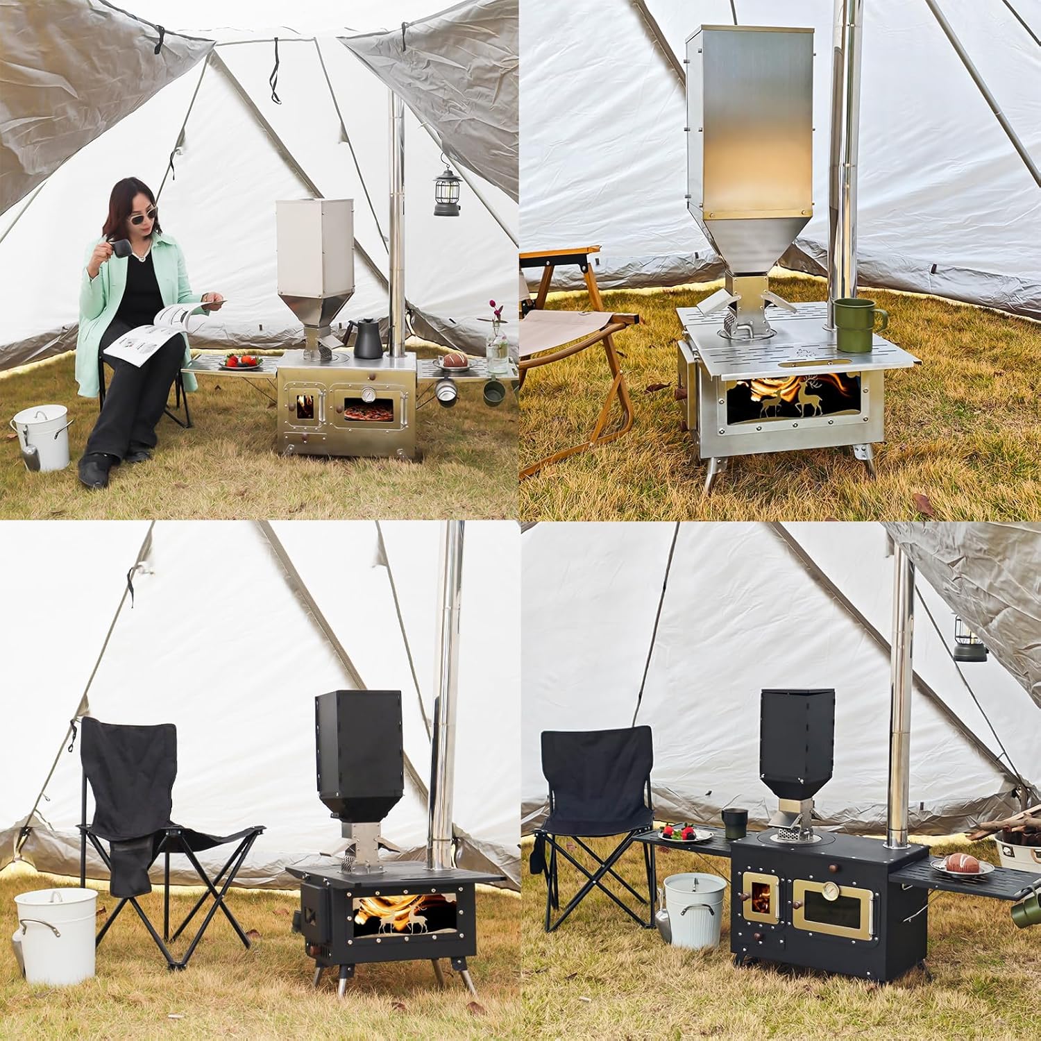 Outdoor Camping Tent Stove with Chimney Pellet Stove with Particle Burner Portable Outdoor Cooking Stove Stainless Steel (Silver)