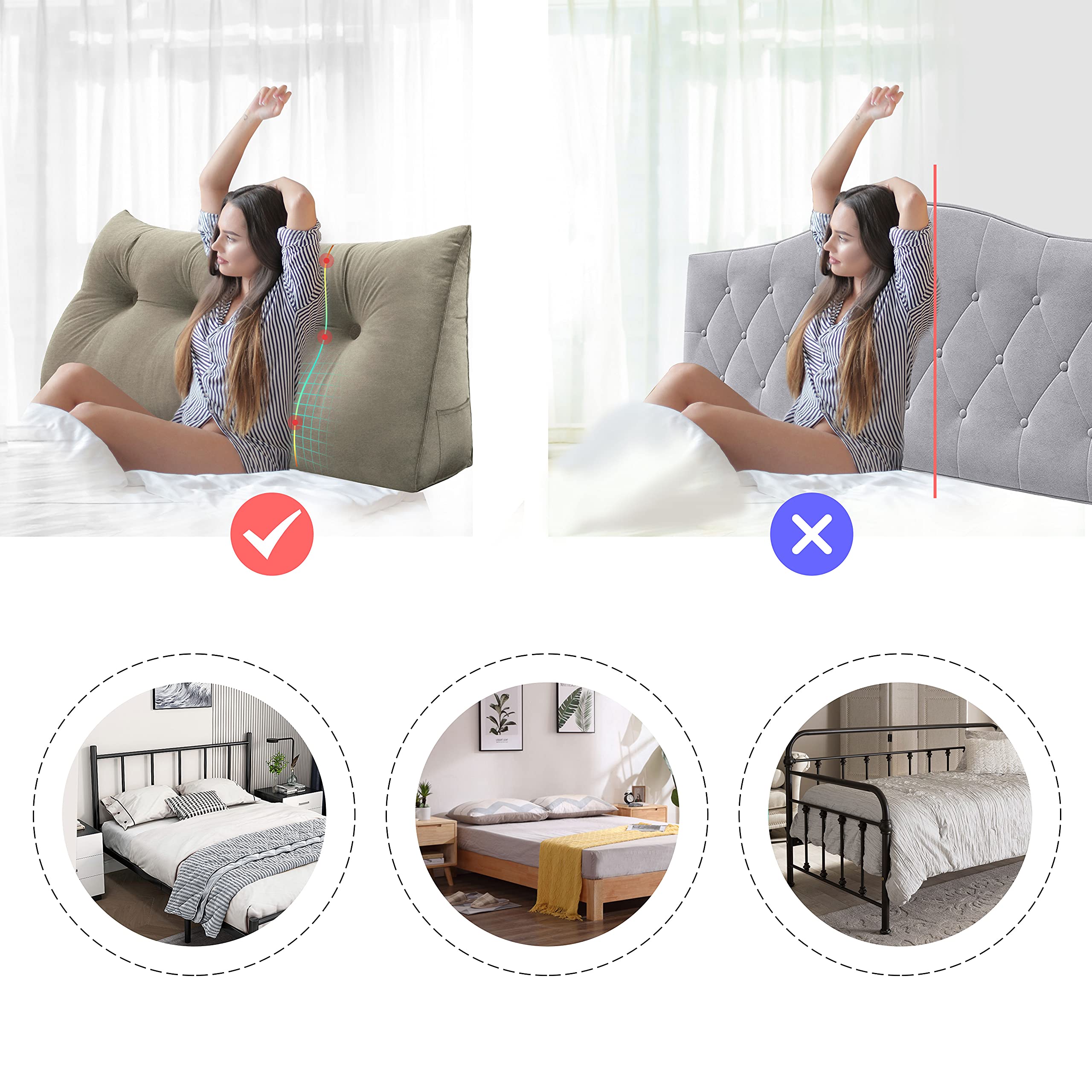 VERCART Almohada de Lectura, Cabecera Tapizado, Almohada Lumbar Cervical, Cabecera de Cama Suave Cama Grande Almohada Cojines Cama para Respaldo con Funda Desmontable Marrón Claro 160 * 20 * 50cm