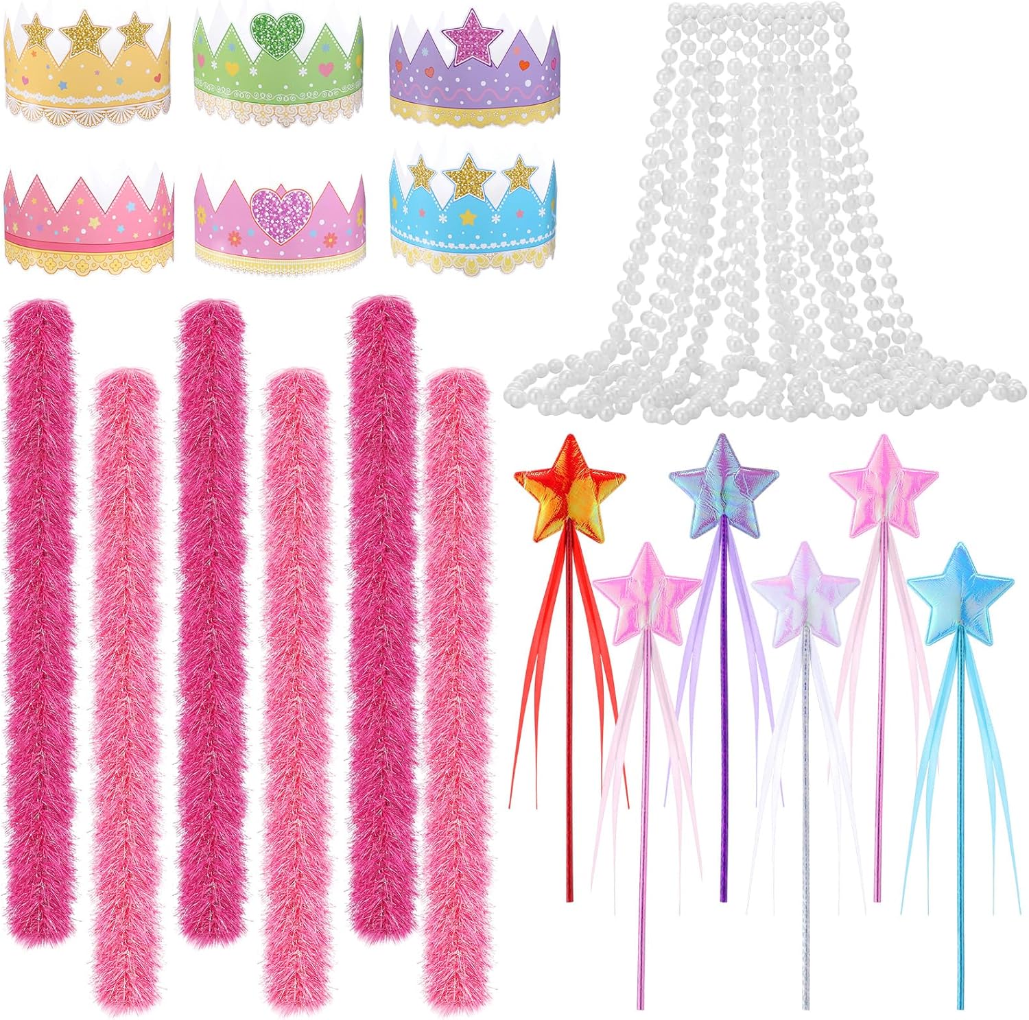 24 Pcs Princess Party Favors Star Wands Pink Feather Boa Paper Crowns and Necklaces for Princess Birthday Party Decorations Supplies
