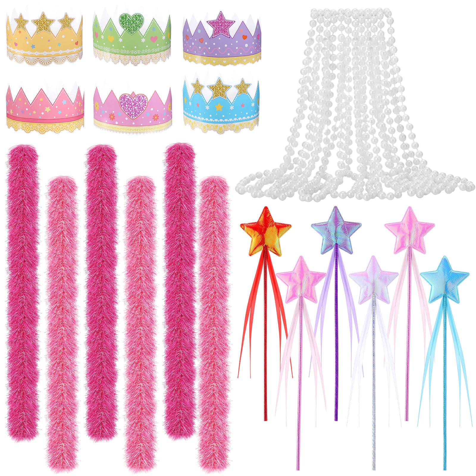 Photo 1 of Rivvlive 24 Pcs Princess Party Favors Star Wands Pink Feather Boa Paper Crowns and Necklaces for Princess Birthday Party Decorations Supplies