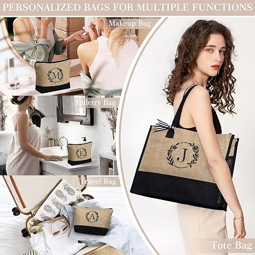 Miniatura 3 de YOOLIFE Regalos para mujeres  Bolsa de yute con inicial y bolsa de maquillaje con bolsillo con cremallera, correa ajustable, regalos de cumpleaños
