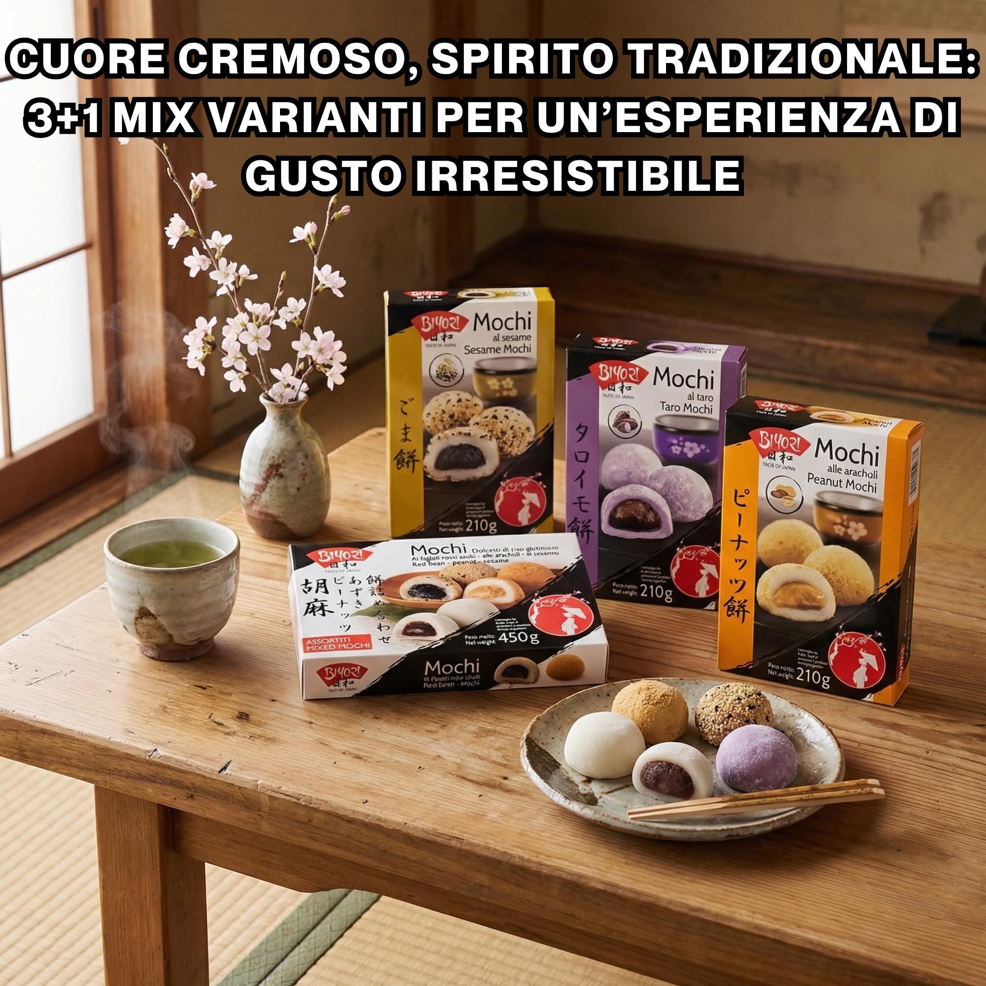 HU TASTE Mochi Biyori 3+1 Box: 3 Confezioni Gusti Taro, Sesamo, Arachidi + 1 Confezione Mix Mochi Assortiti - Snack Dolci Giapponesi e Dolcetti Asiatici, Japanese Food Snack Box e Dolci Giapponesi, 4
