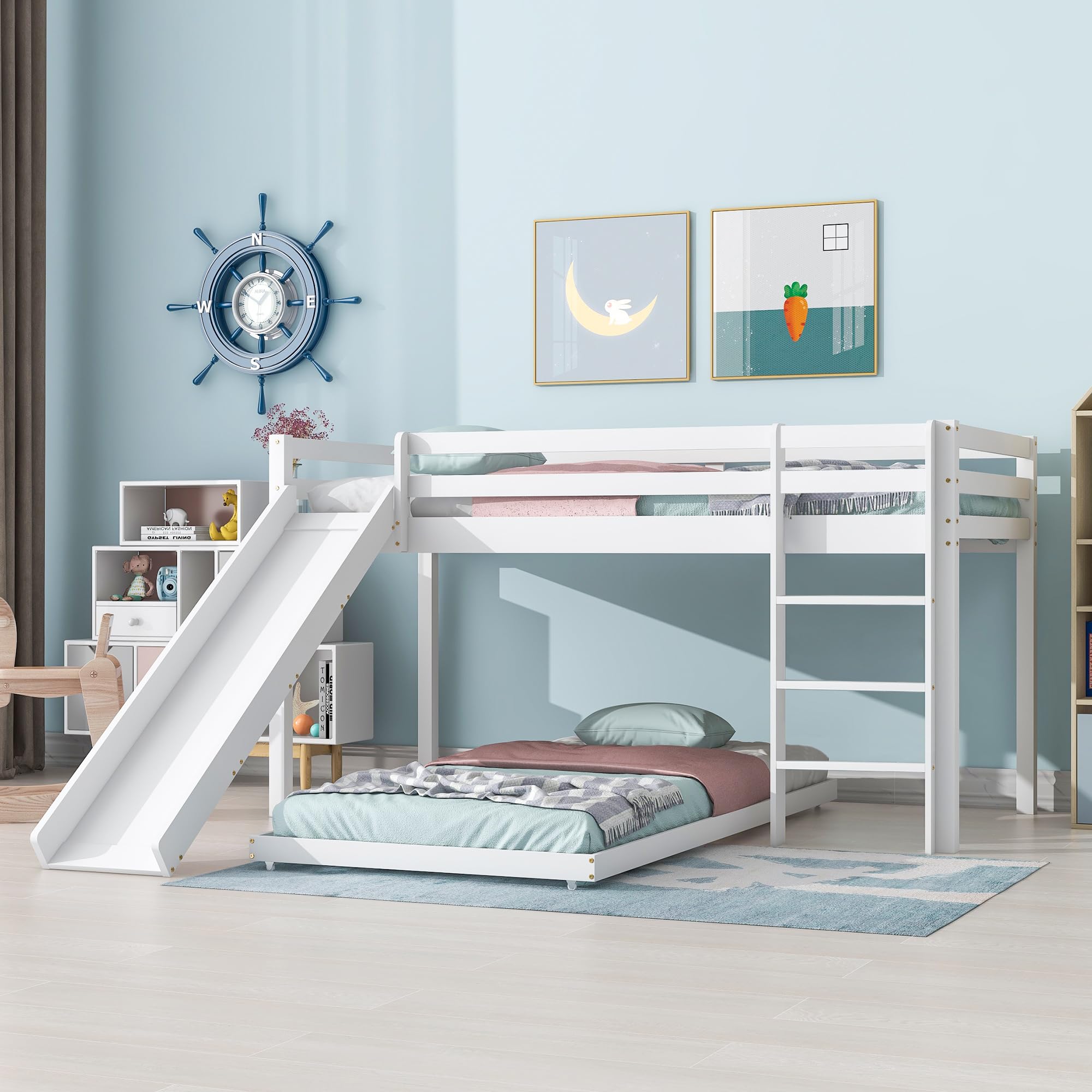 ANIROY Children's Bed 90x190cm, Cabin Bed Frame with Slide & Adjustable Ladder, Mid-Sleeper Bunk Bed for Kids, Without Mattress, White
