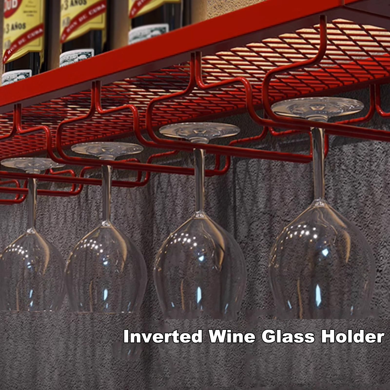 Botellero Pared Vino Botellero de Hierro, Botellero Creativo con Luz, Wine Rack Metal con Luz Led y Estante de Cristal, para Sala de Estar, Bodega (Rojo)