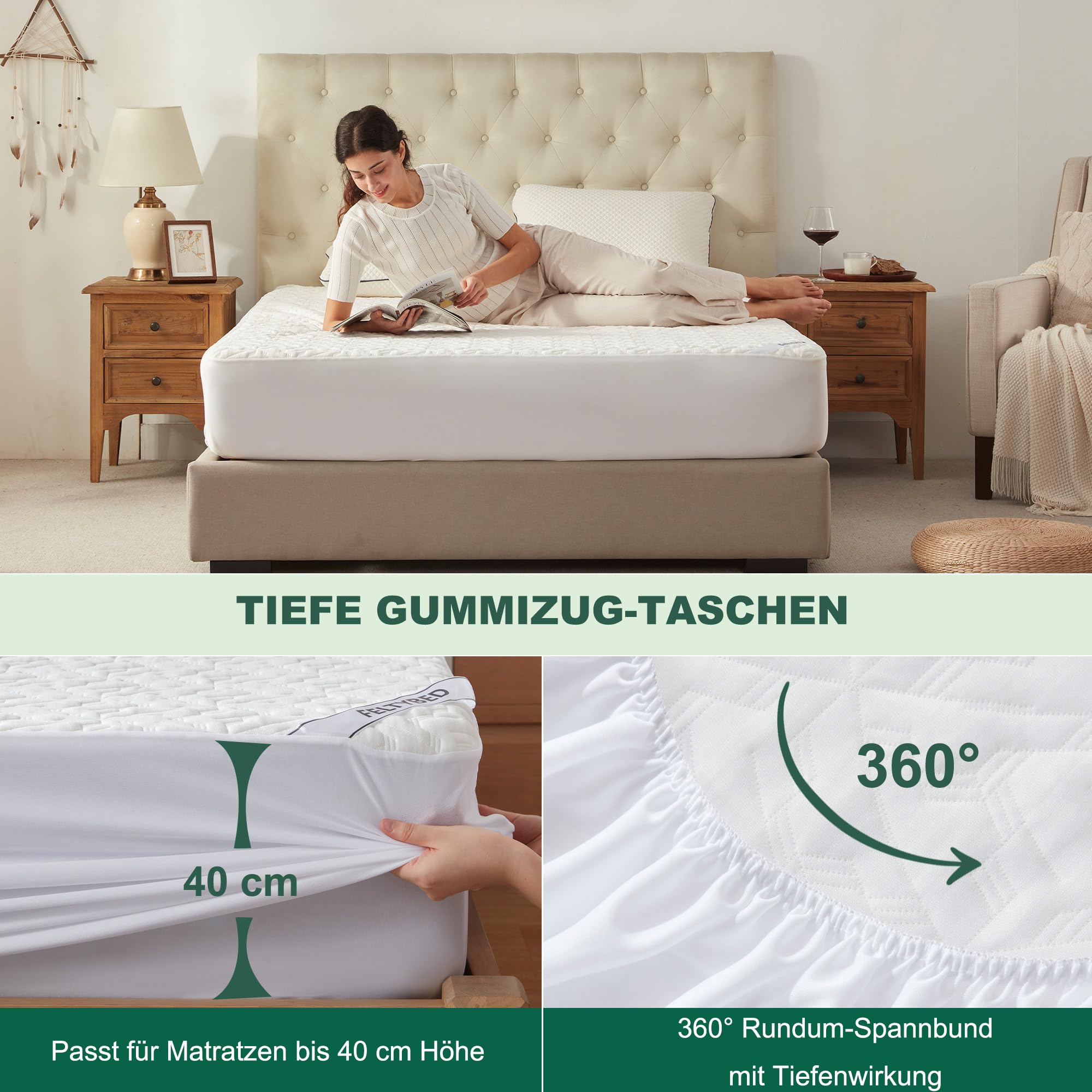 BEDLORE Matratzenschoner 180x200 cm, wasserdichte atmungsaktive Matratzenauflage mit 40 cm Tief-Taschen, Oeko-TEX® Zertifiziert, geräuscharm und elastisch (Weiß)