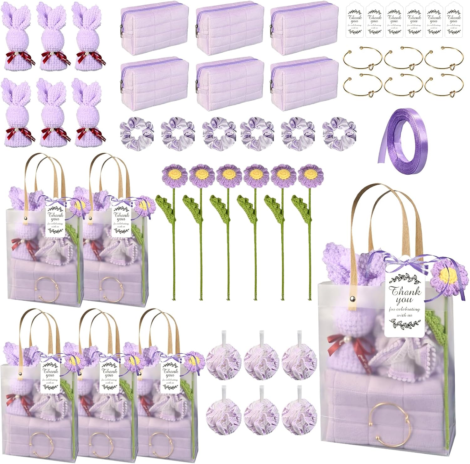 6 Sets Baby Shower Prizes for Winners Baby Shower Favors Gift Set including Towels Makeup Bags Bracelets Crocheted Daisies Headbands party favors for Guests and Games