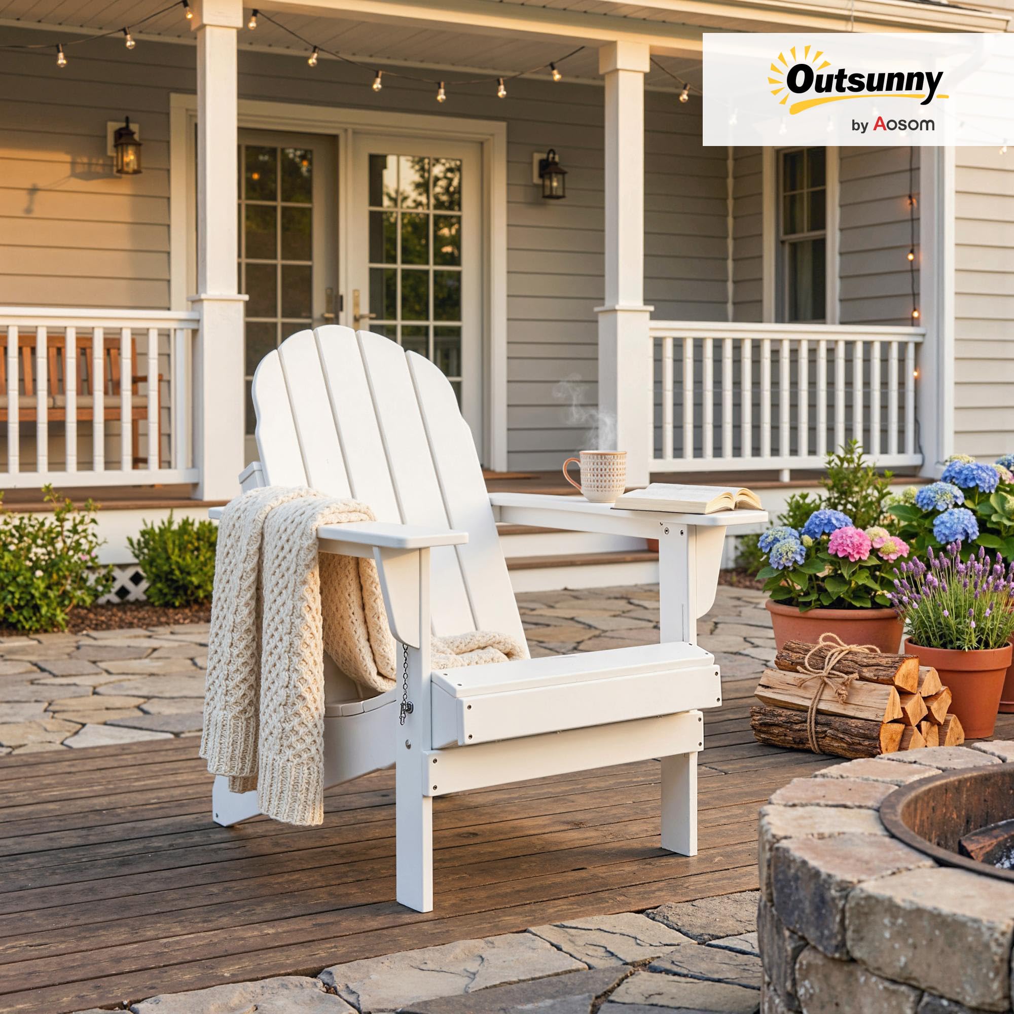 Outsunny Adirondack Chaise de jardin pliable Fauteuil de jardin Meuble de balcon Blanc 75 x 87 x 93 cm