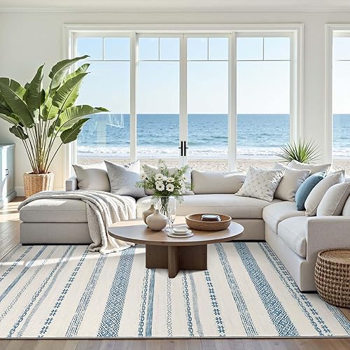 jinchan Moroccan Boho 6x9 Area Rugs for Living Room - Machine Washable Soft Throw Rug Bohemian Ripple Design Non-Slip Carpet for Bedroom Dining Room Home Office (6‘x9',Blue)