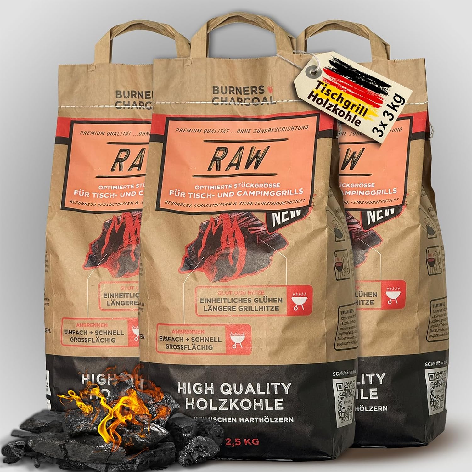 Burners Charcoal by Gl hgut 2.5 kg x 3 - 7.5 kg Sustainable Charcoal from Domestic Hardwoods - Low Smoke Fine Dust Reduced - Ideal for Lotus Grill Balcony & Camping