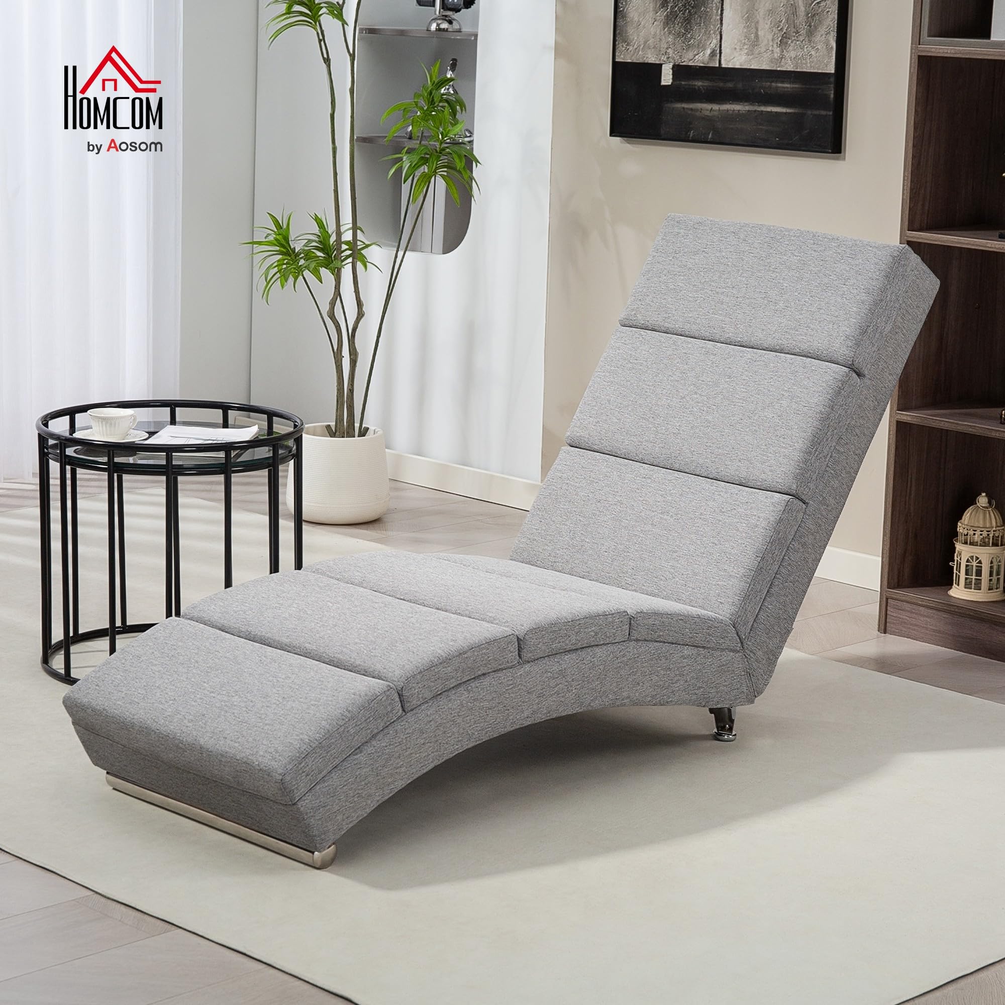 HOMCOM Poltrona Chaise Longue Ergonomica con Schienale Alto in Tessuto, Sdraio Relax con Imbottitura Spessa e Gambe in Acciaio, 160.5x60.5x93 cm per Soggiorno, Camera da Letto e Salotto, Grigio Chiaro
