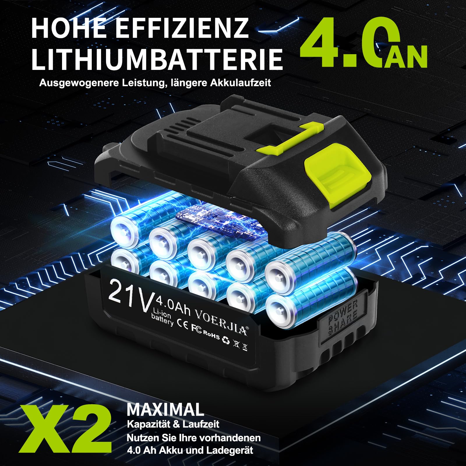 VOERJIA Élagueuse sur Perche 2-en-1 avec Mini Tronçonneuse 6” & 8”, Extension Jusqu’à 4,9 m, Moteur Brushless, 2×4.0Ah Batteries, Tronçonneuse Électrique Sans Fil pour Coupe Branches et Jardin