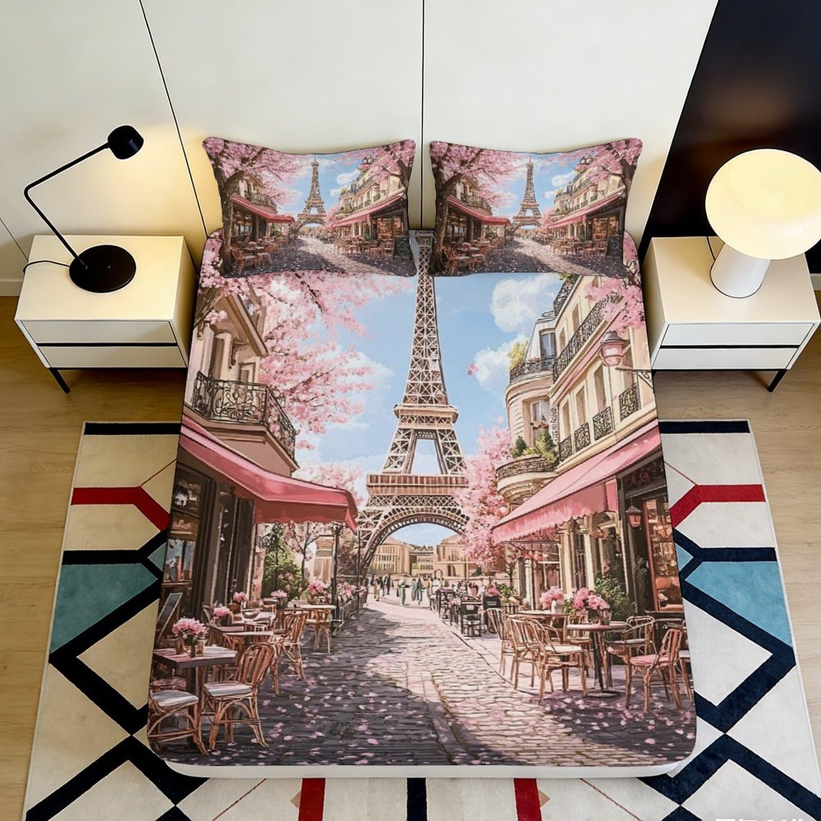 3D Printed Paris Eiffel Tower Fitted Sheet Microfiber Decor Spring Blossom Bed Cover for Bedroom Guest Room 90x200x25cm