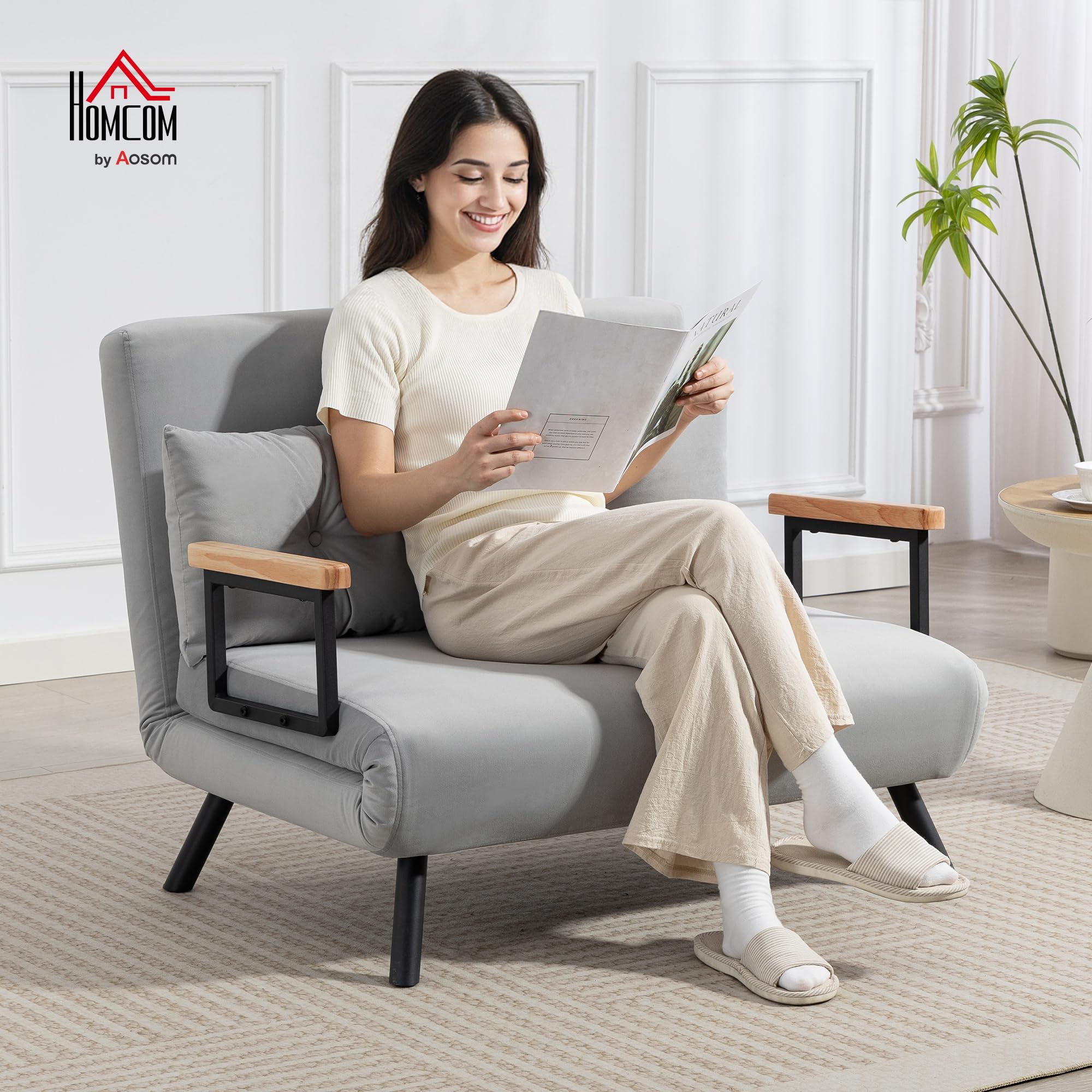 HOMCOM Sofá Cama de 2 Plazas 4 en 1, Sofá Cama Plegable Tapizado en Terciopelo con Respaldo Ajustable de 5 Niveles y Almohadas Acolchadas, para Oficina, Dormitorio, Salón, 102x73x81 cm, Gris Claro
