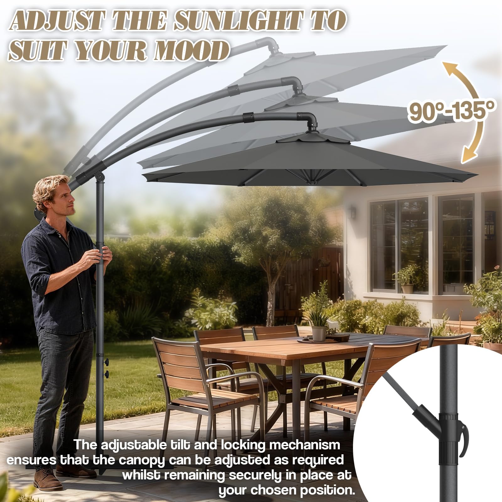 Verdego Parasol przeciwsłoneczny ze stojakiem, Ø 300 cm, parasol ogrodowy z korbą, parasol tarasowy, ochrona przed promieniowaniem UV, wiatroszczelny, wodoodporny, parasol rynkowy, obracany o 360°