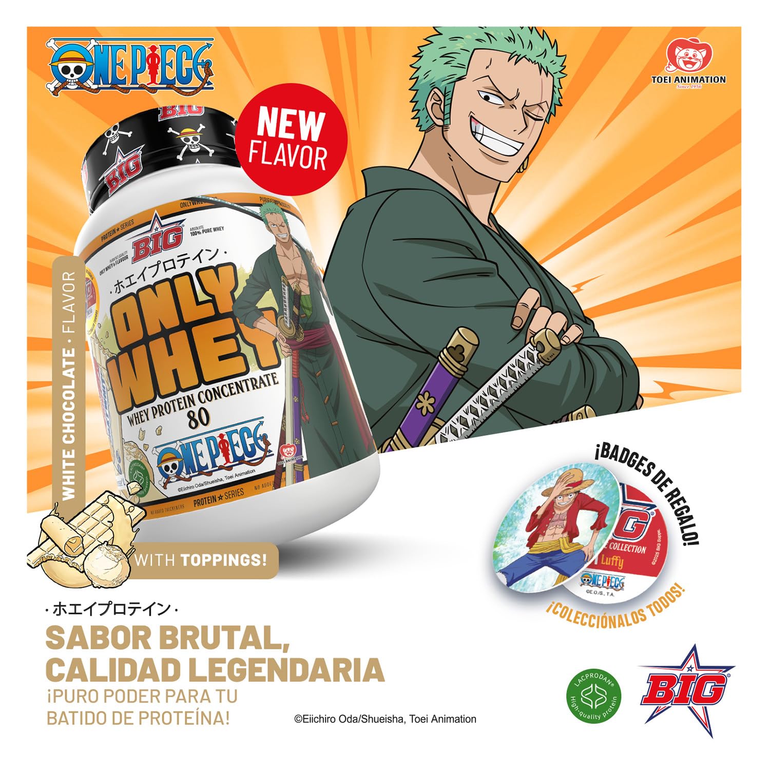 BIG - Proteinas Whey ONE PIECE - Edición Exclusiva con 12 Tazos Coleccionables. Materia Prima Premium. Whey Protein para Masa Muscular. Sin Lactosa (1Kg, White Choco & Topping White Choco – Zoro)