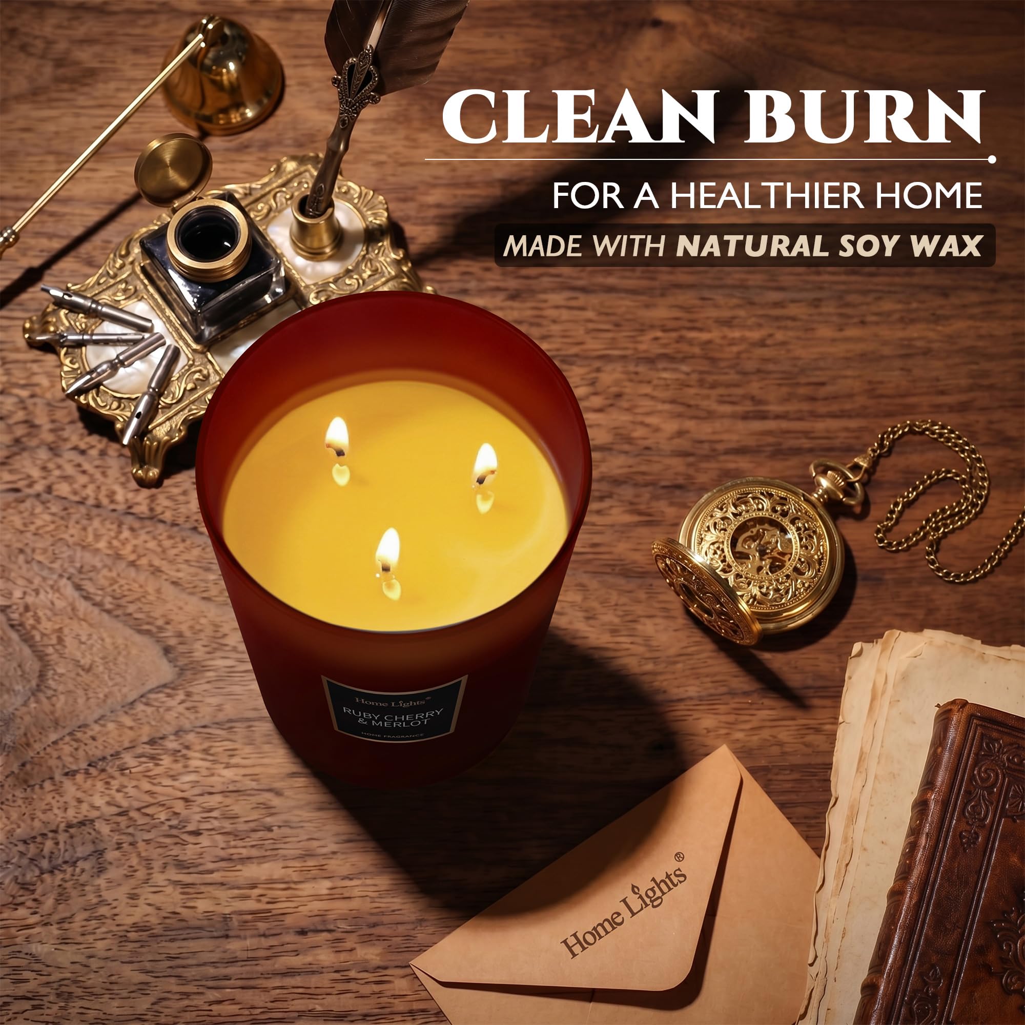HomeLights Bougies parfumées en pot, bougies de soja naturel, 3 mèches en coton, longue durée de 130 heures, bougie d'aromathérapie, Rubis cerise et merlot