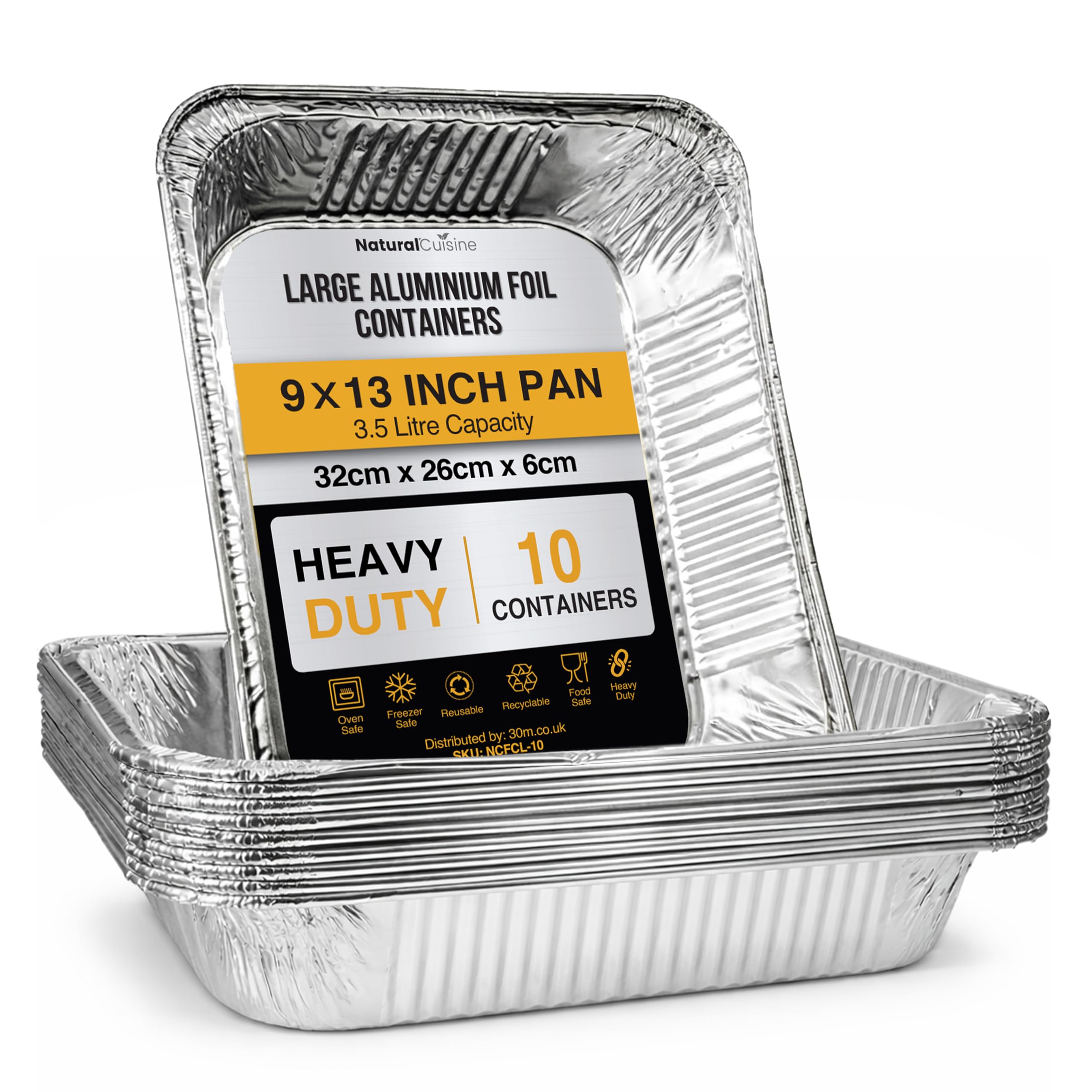 Natural Cuisine Pack of 10 Large Aluminium Foil Trays 9x13 Inch (32x26cm) โ Heavy Duty Lasagne & Roasting Trays โ Deep Disposable Foil Containers Baking Pans โ No Lids