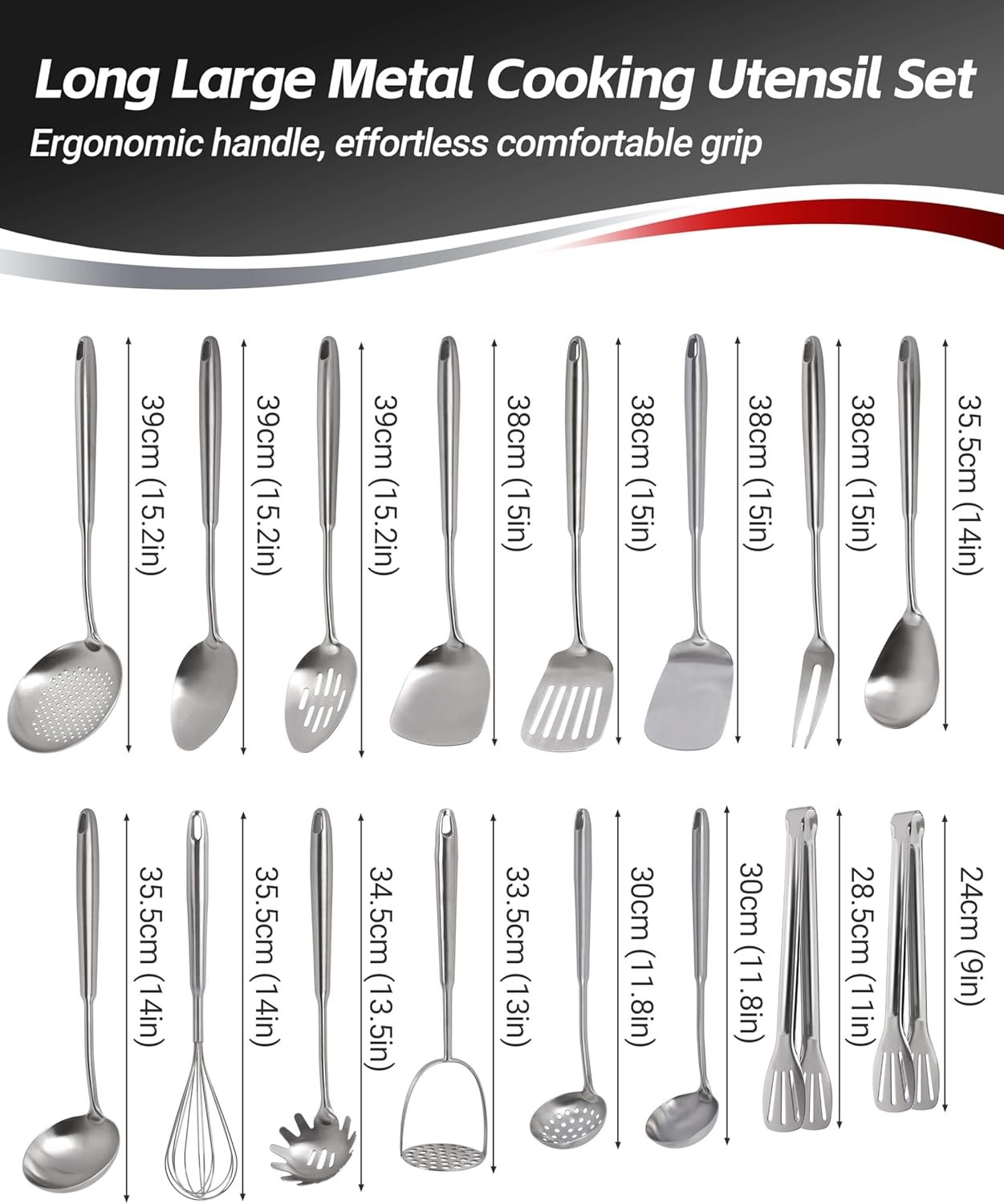 304 Stainless Steel Cooking Utensils Set - 18 PCS Long Metal Serving Utensils, Kitchen Tools - Whisk, Masher, Fork, Tongs, Solid/Slotted Spoon, Spatula, Turner, Ladle, Skimmer, Pasta, Large Spoon Set
