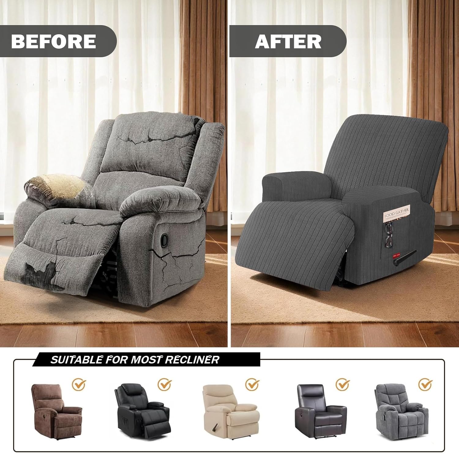 3 Pieces Stretch Recliner Chair Covers - Striped Pattern Slipcovers & Durable Furniture Protectors for Kids and Pets (1 Seater, Light Gray)