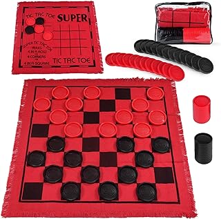 Giant Checkers Board Games, 3 in 1 Tic Tac Toe Board Game with 24 Checker Pieces Reversible Rug - Indoor and Outdoor Games for Family & Party -Gift Ideas for Teen Boys, Kids, Adults